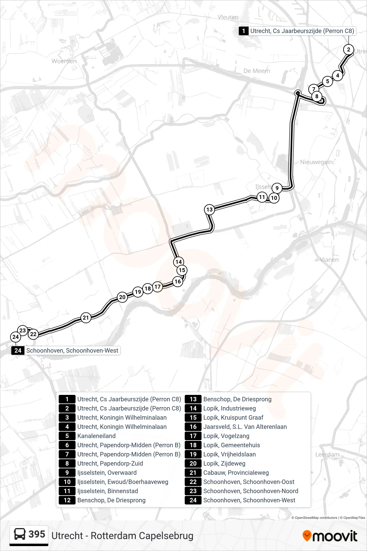 Lijn 395 (bus, Schoonhoven): route en haltes op de kaart