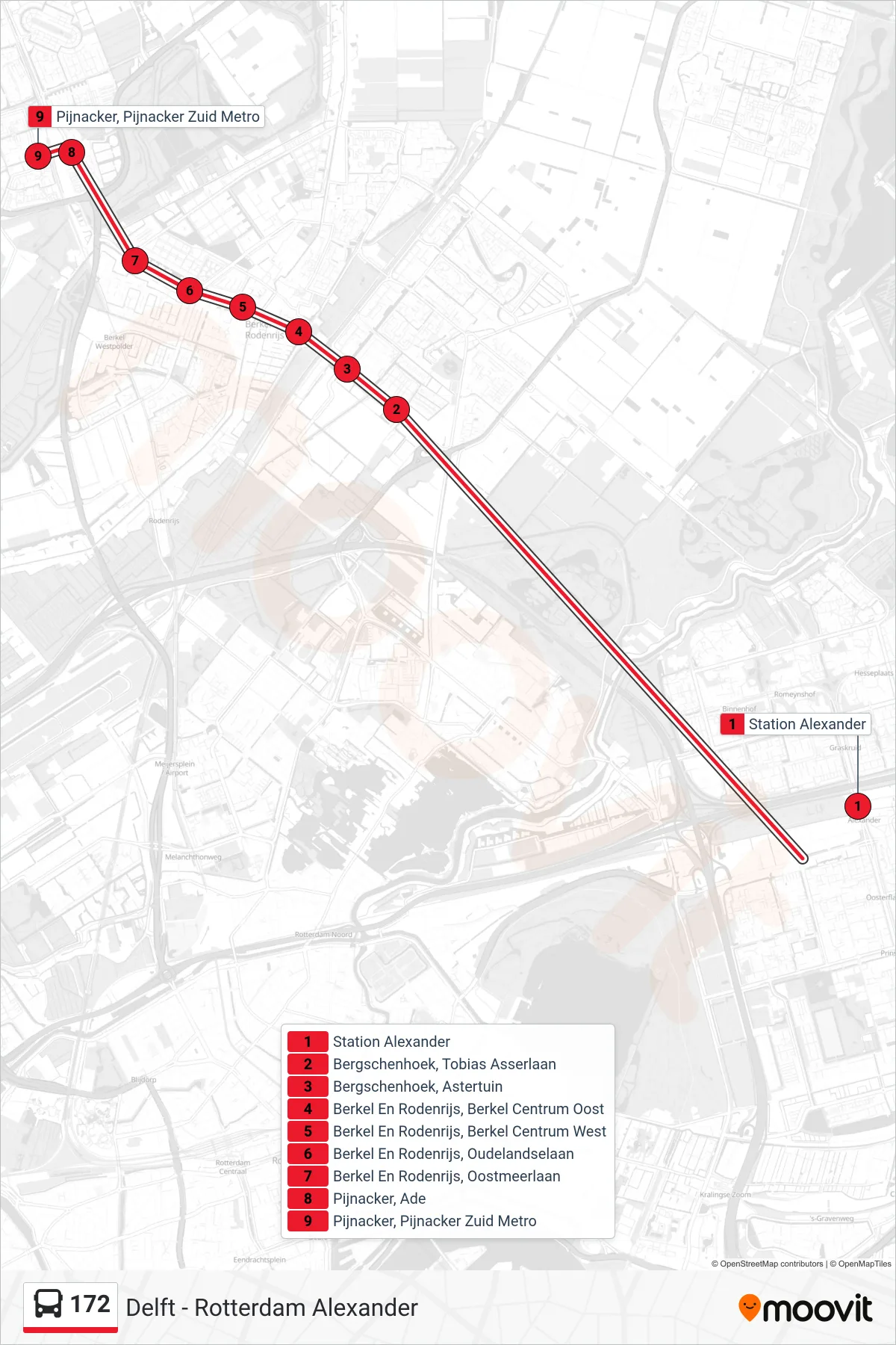 Lijn 172 (bus, Metro Pijnacker Zuid): route en haltes op de kaart