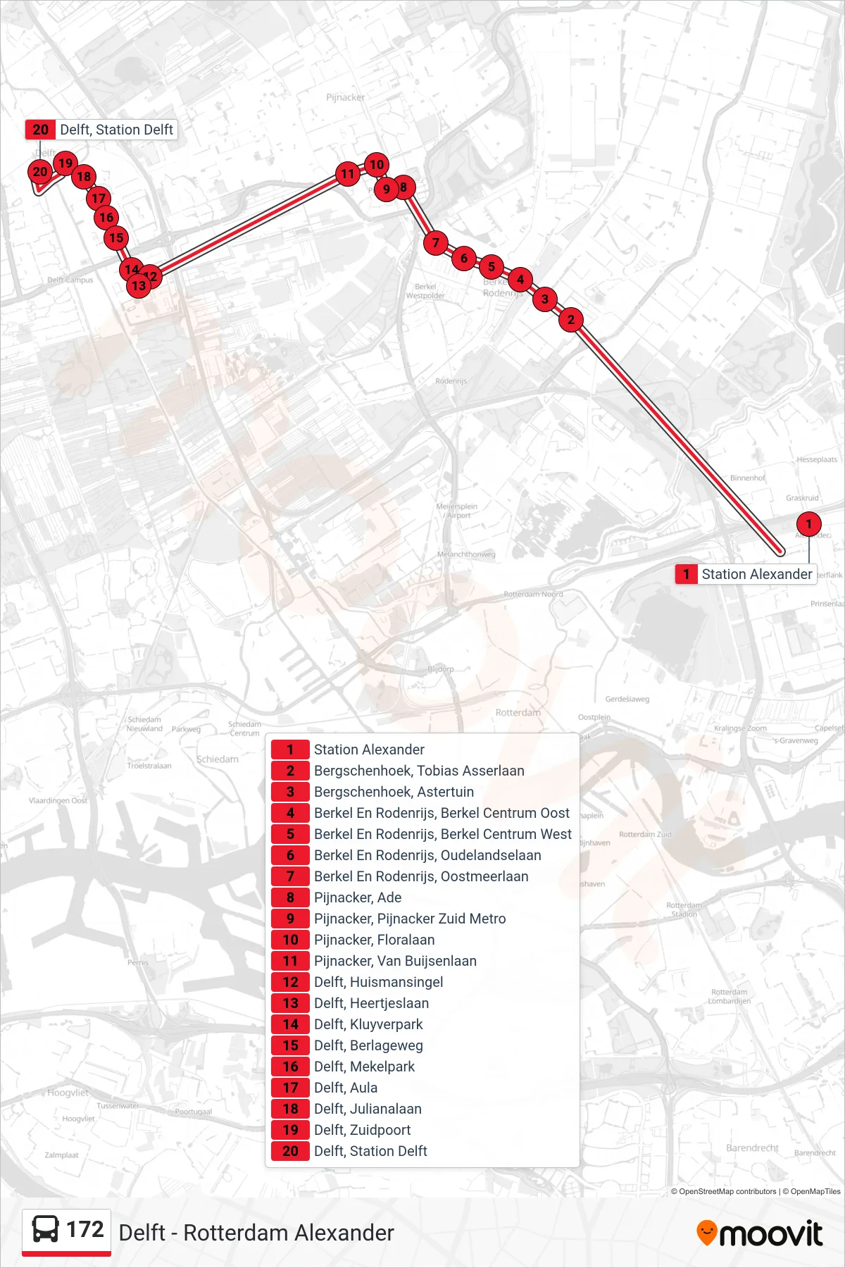 Lijn 172 (bus, Station Delft): route en haltes op de kaart