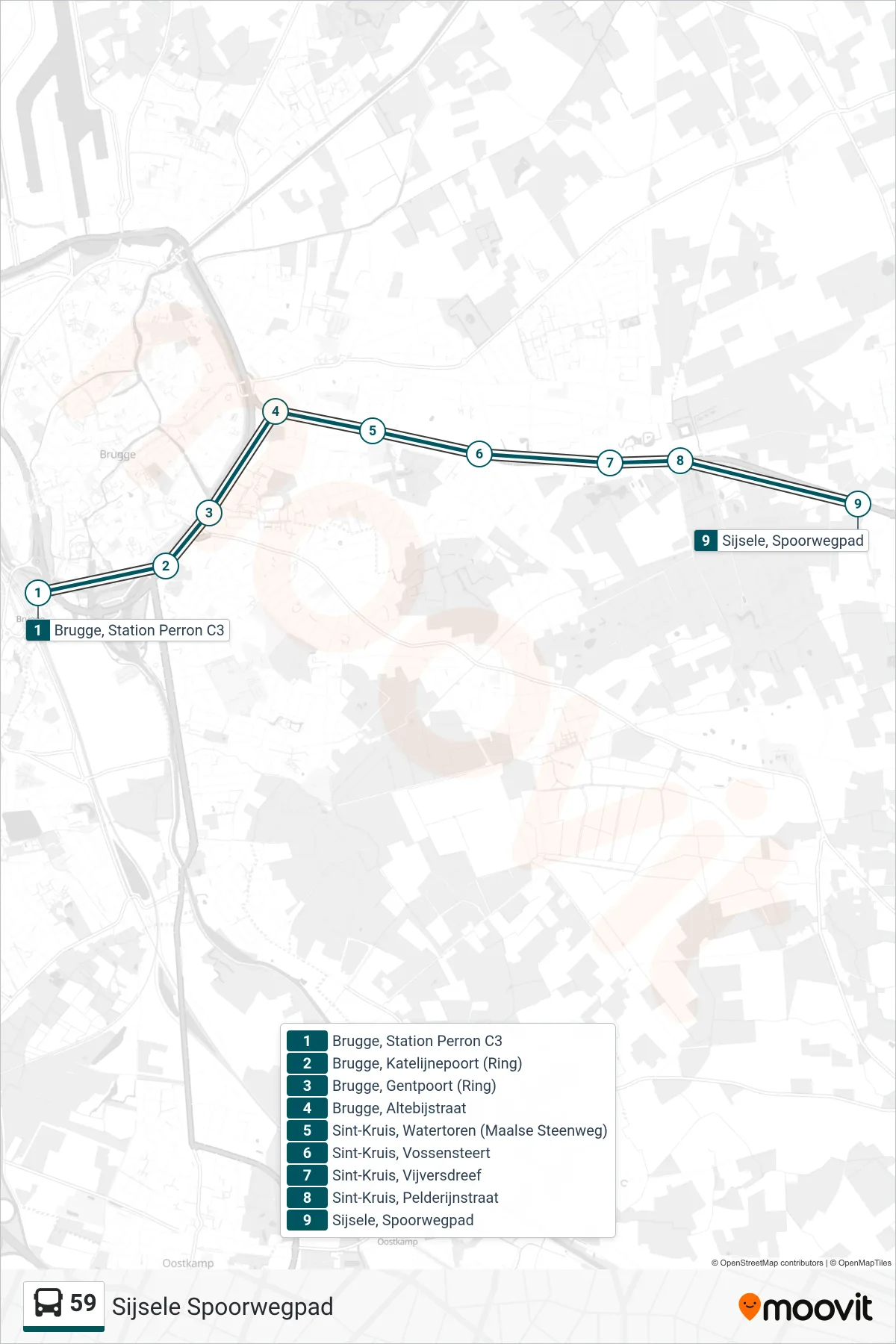 Lijn 59 (bus, Sijsele Spoorwegpad): route en haltes op de kaart
