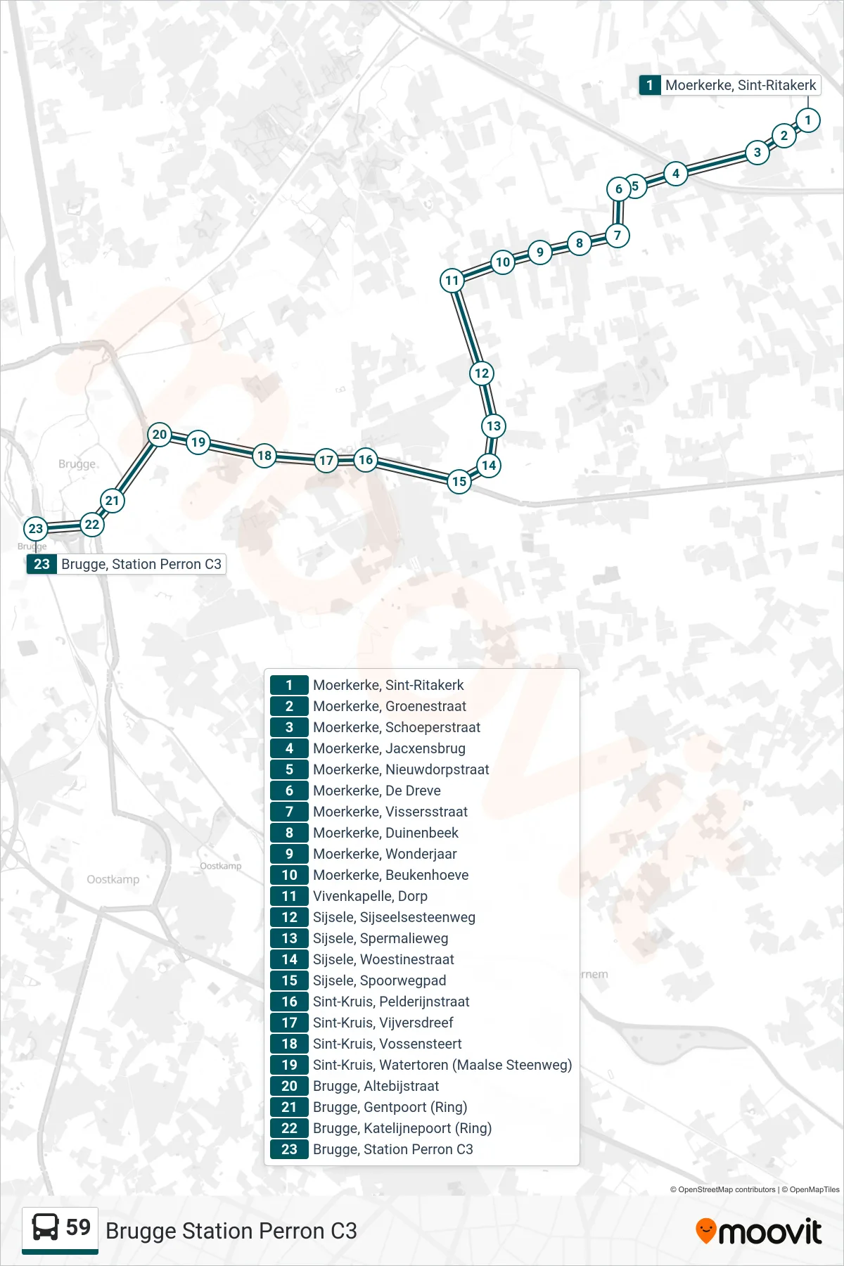 Lijn 59 (bus, Brugge Station Perron C3): route en haltes op de kaart