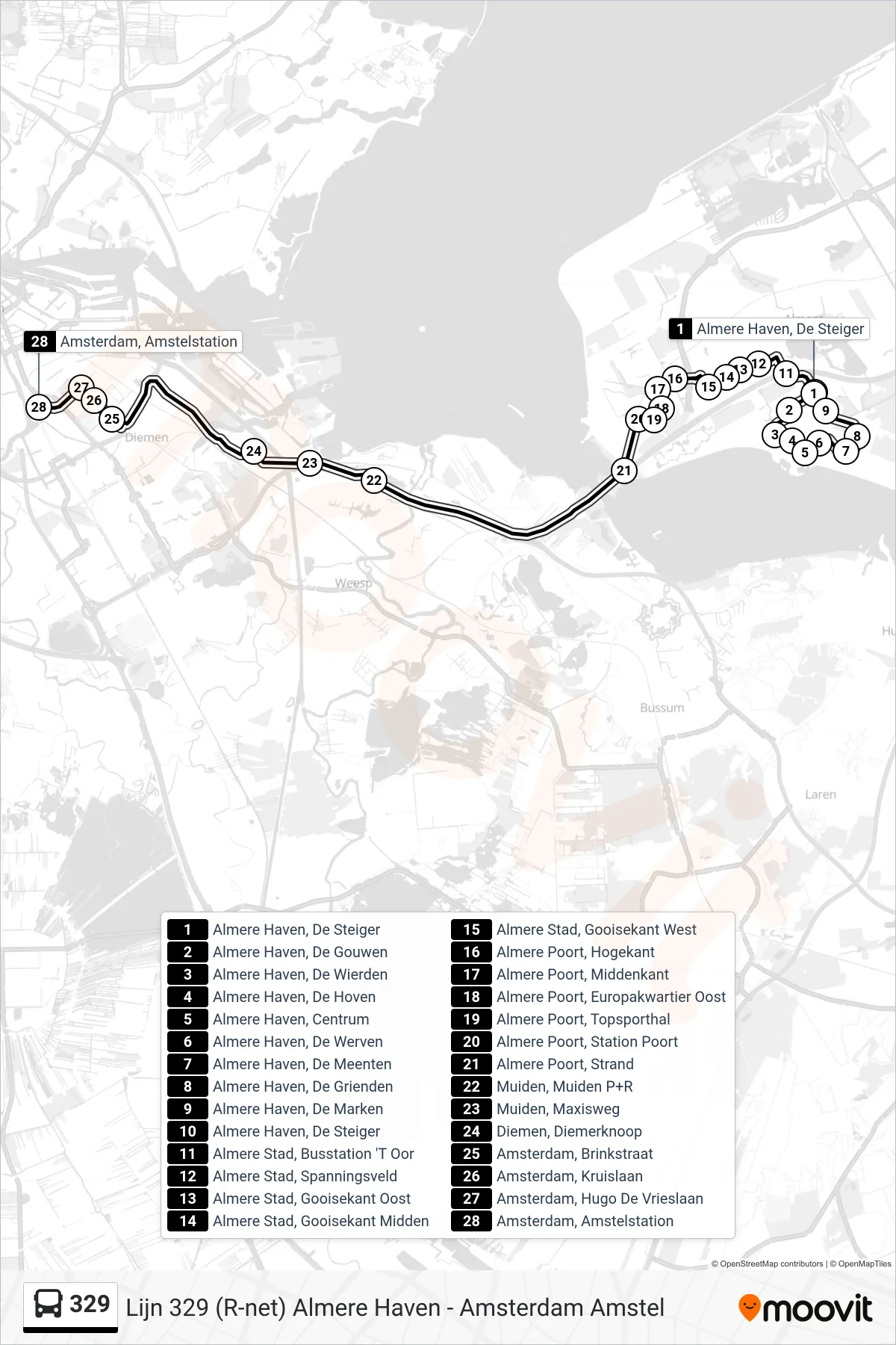 Lijn 329 (bus, Amsterdam Amstel): route en haltes op de kaart