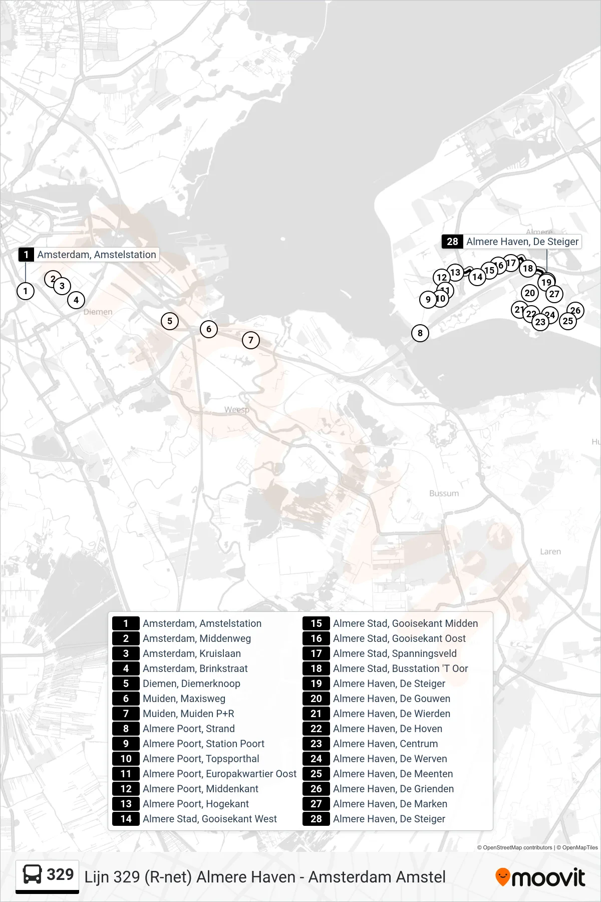 Lijn 329 (bus, Almere Haven): route en haltes op de kaart