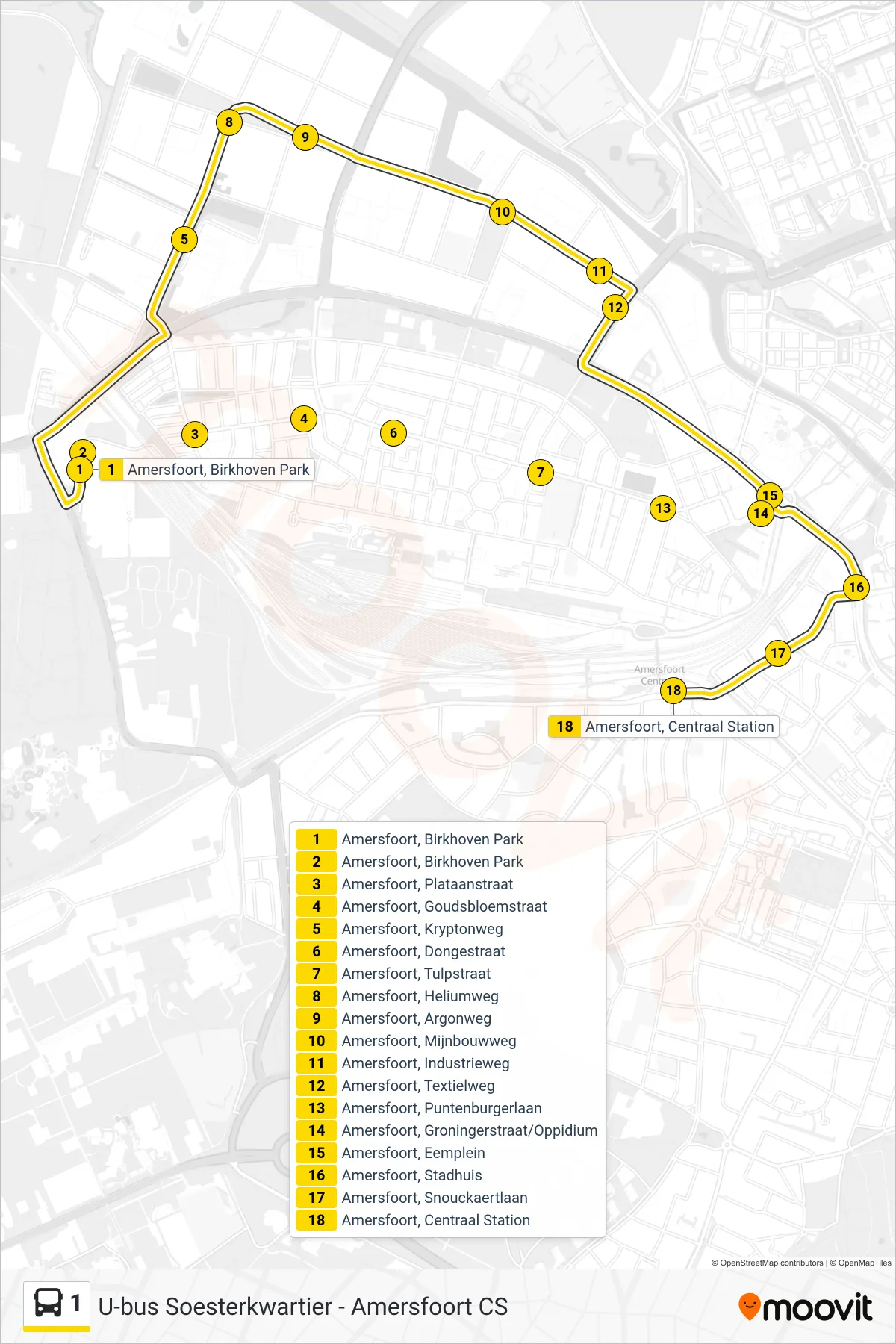 Lijn 1 (bus, Centraal Station): route en haltes op de kaart