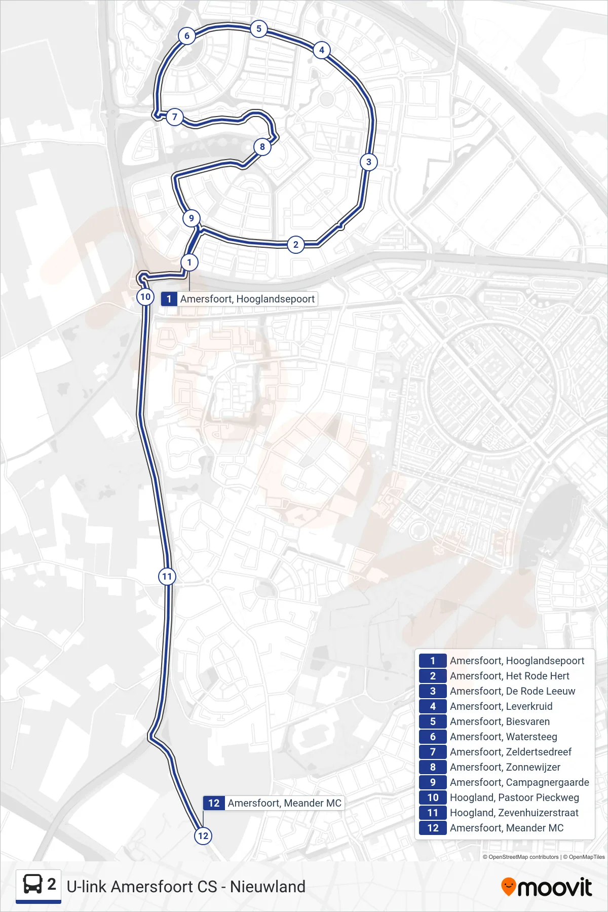 Lijn 2 (bus, Meander MC): route en haltes op de kaart