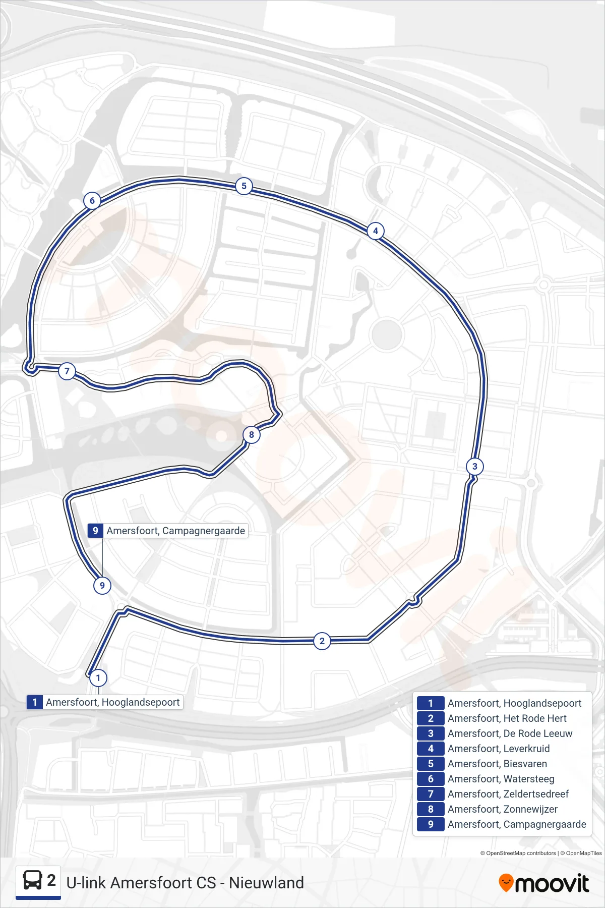 Lijn 2 (bus, Nieuwland): route en haltes op de kaart