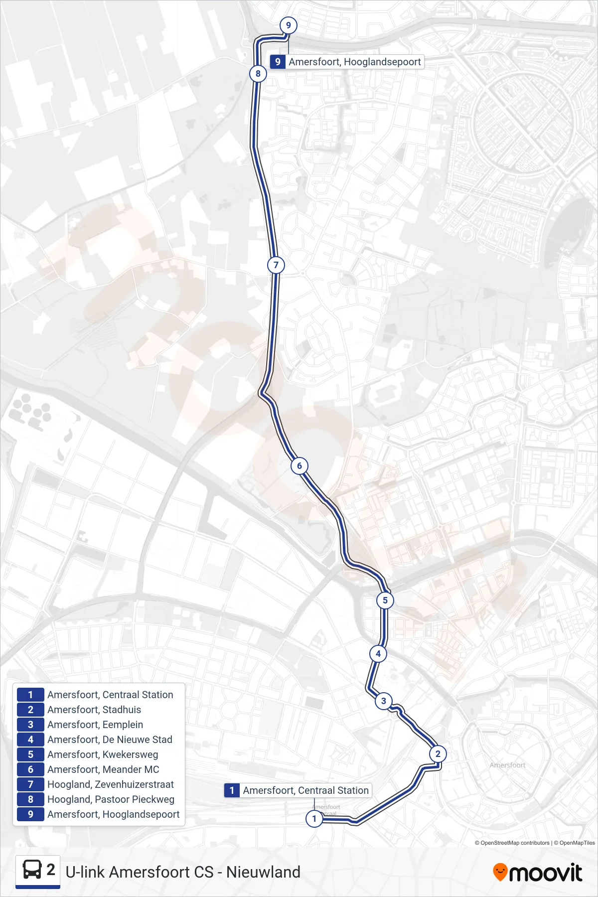 Lijn 2 (bus, Nieuwland): route en haltes op de kaart