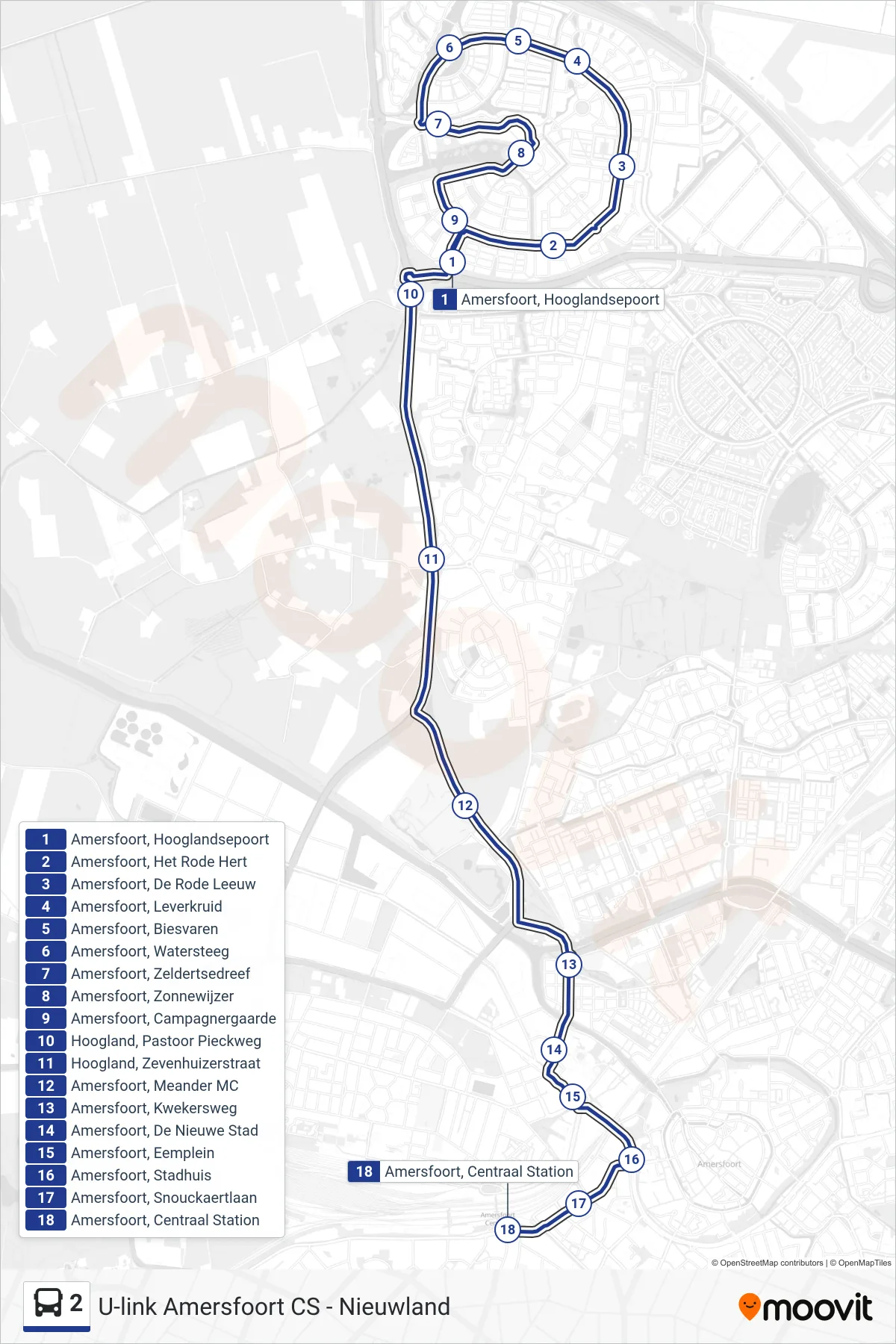 Lijn 2 (bus, Centraal Station): route en haltes op de kaart