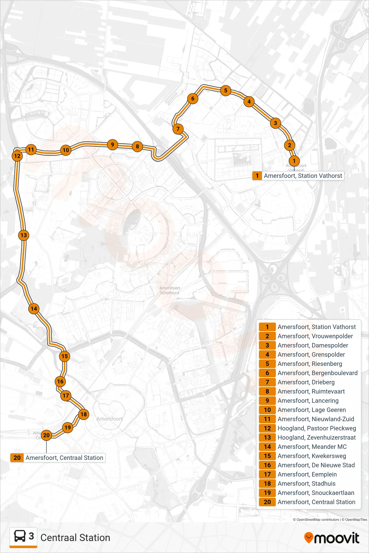 3 bus Line (Centraal Station) route and stops on a map
