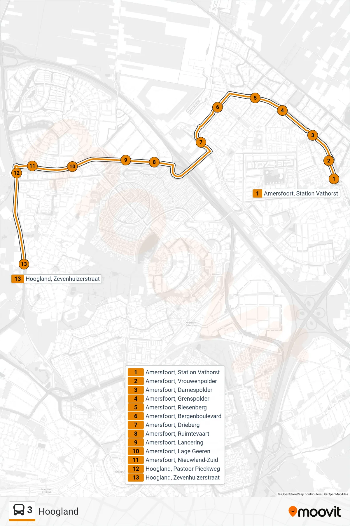Lijn 3 (bus, Hoogland): route en haltes op de kaart