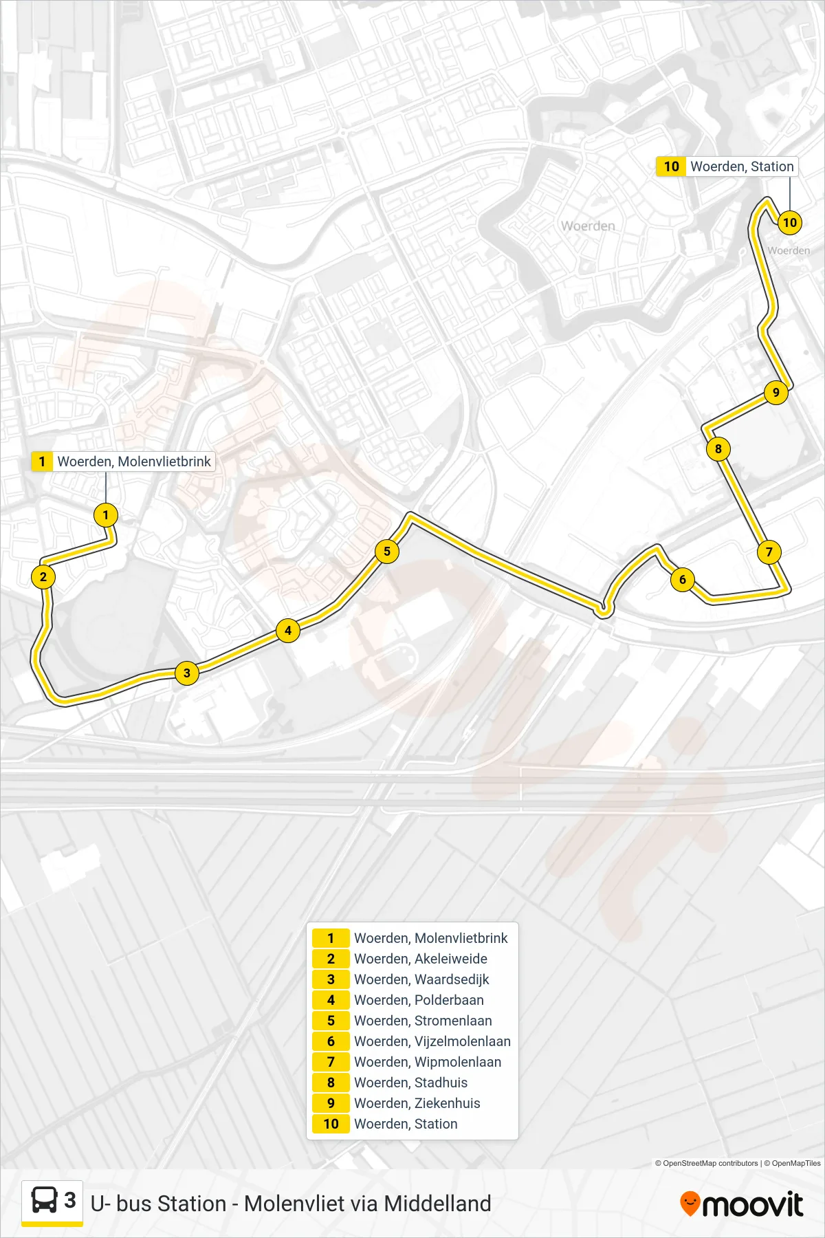 3 bus Line (Station) route and stops on a map