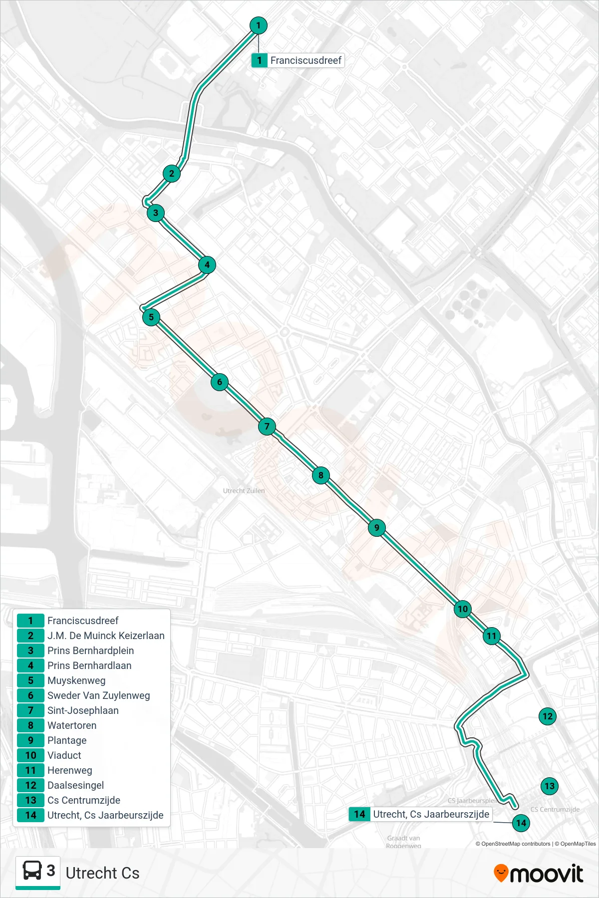 3 bus Line (Utrecht Cs) route and stops on a map