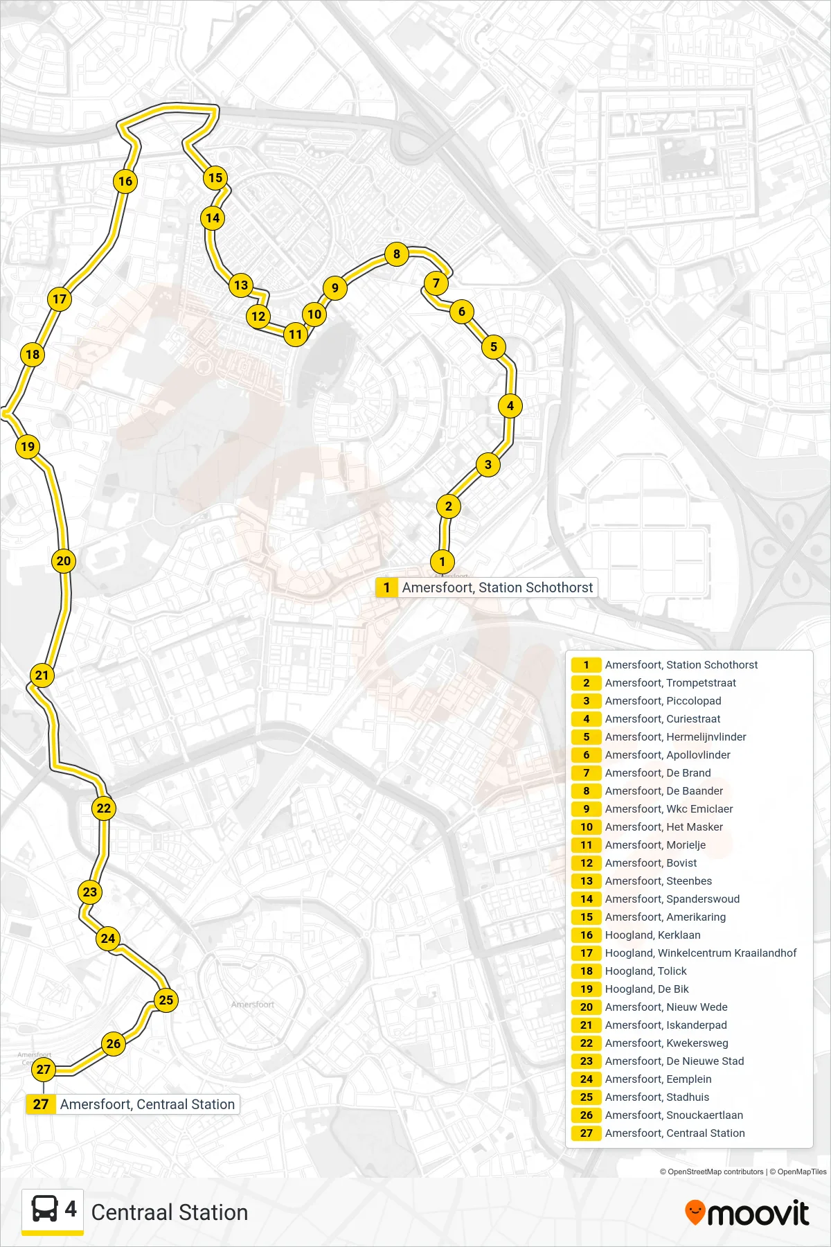 Lijn 4 (bus, Centraal Station): route en haltes op de kaart
