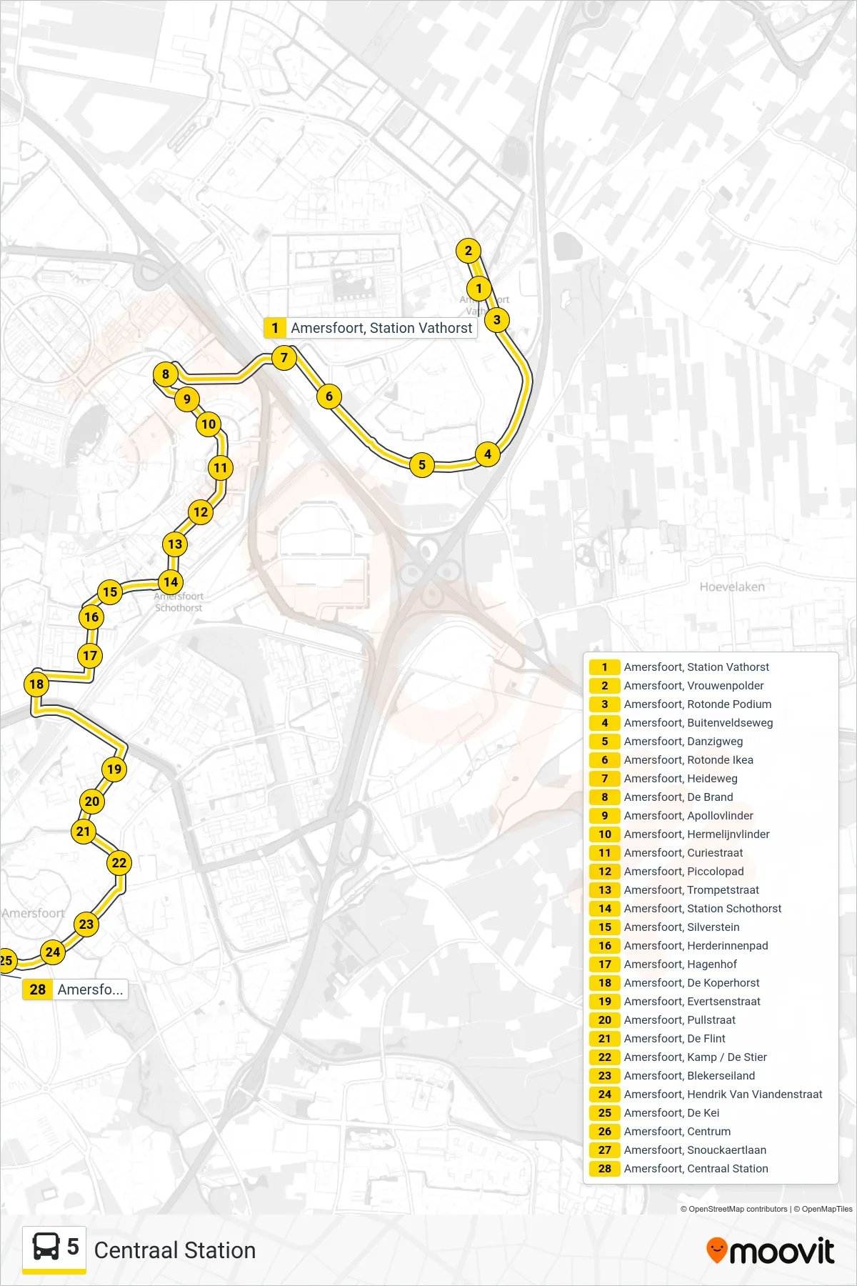 Lijn 5 (bus, Centraal Station): route en haltes op de kaart