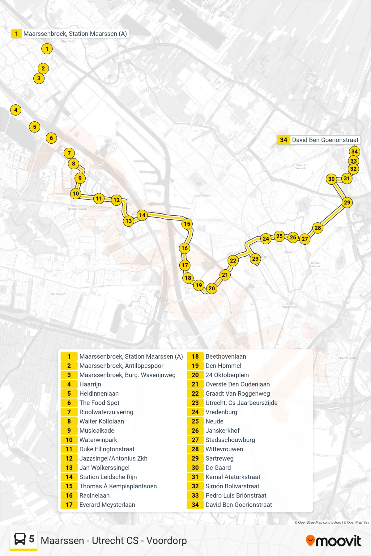 Lijn 5 (bus, Voordorp): route en haltes op de kaart