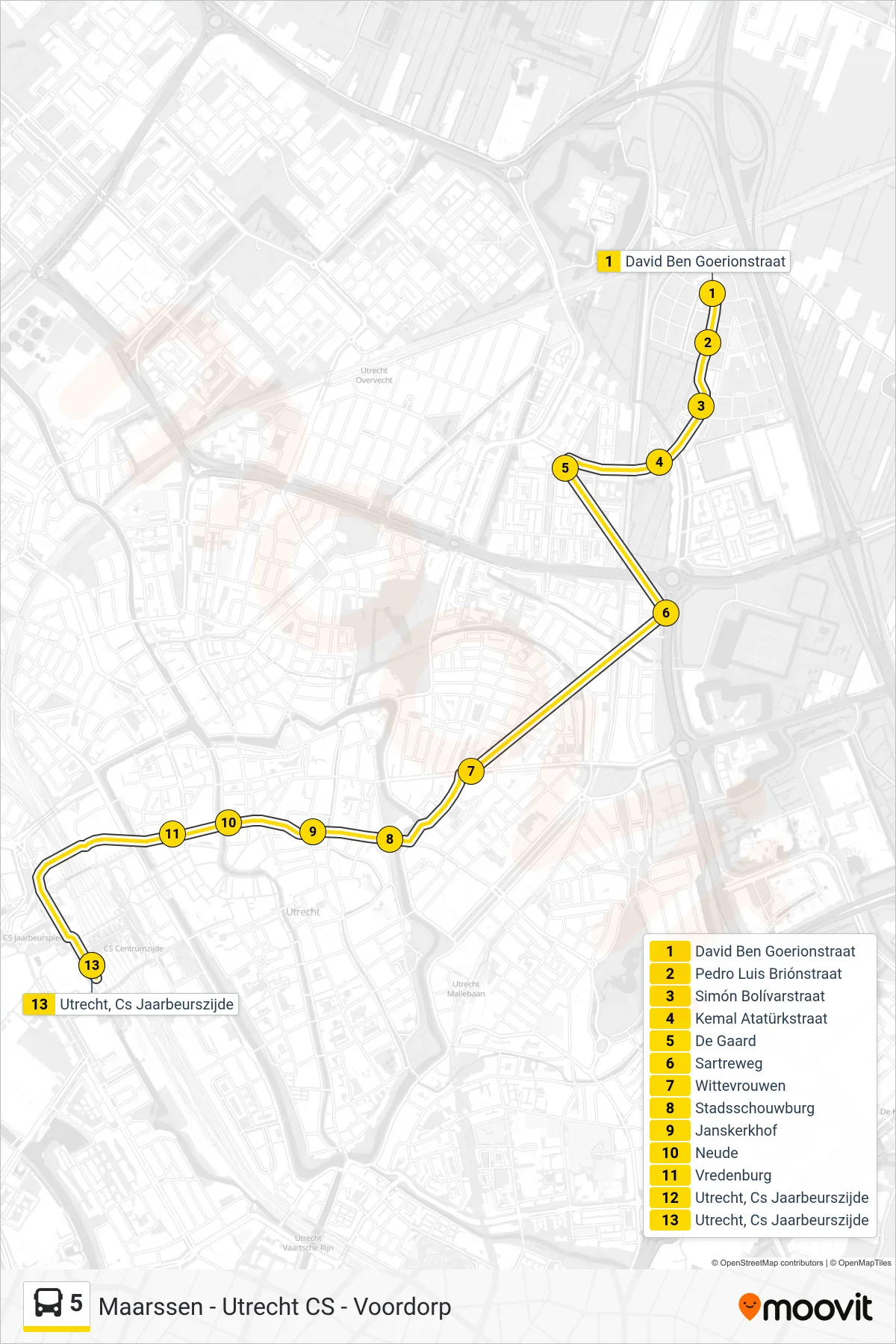 5 bus Line (Utrecht Cs) route and stops on a map