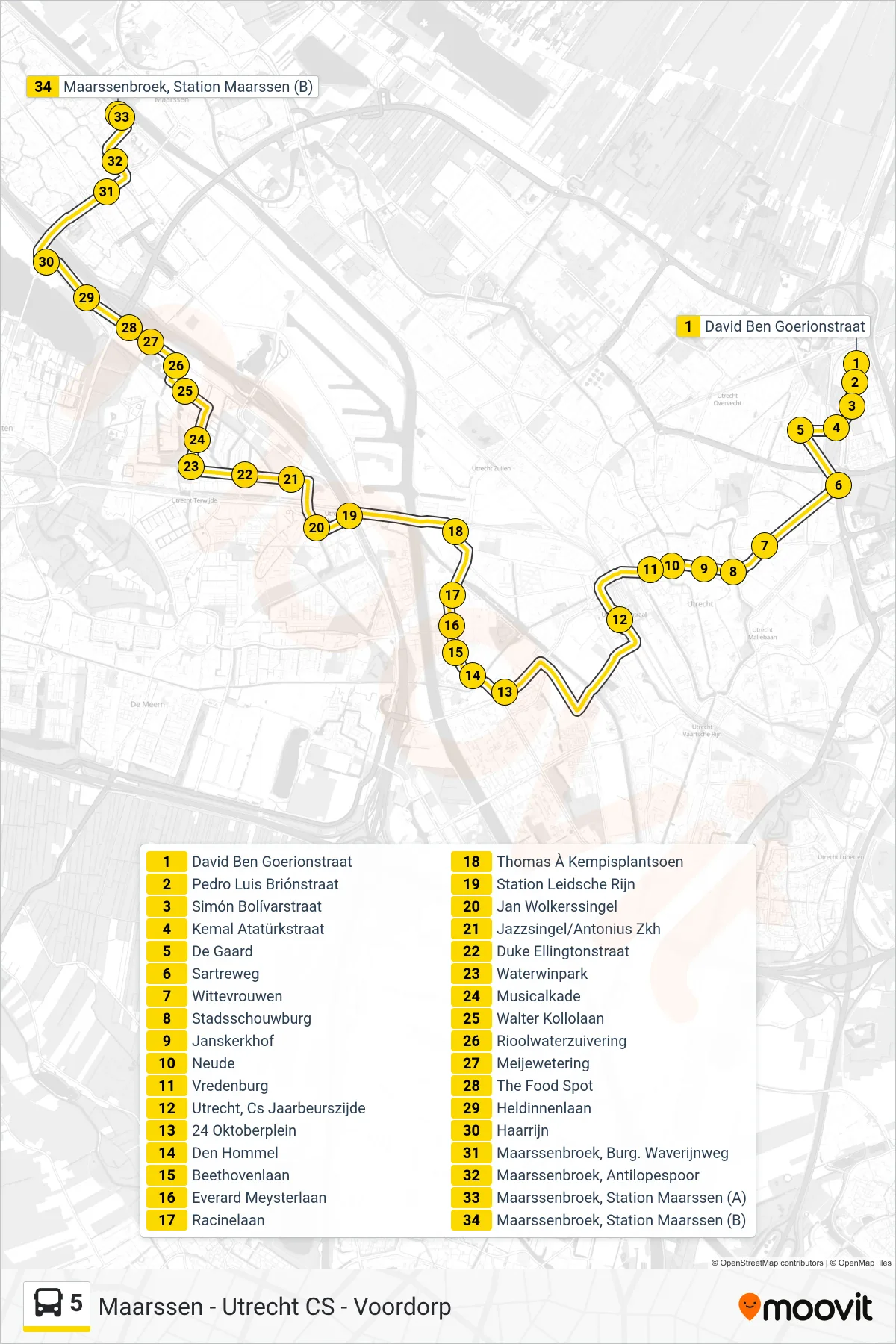 5 bus Line (Maarssen) route and stops on a map
