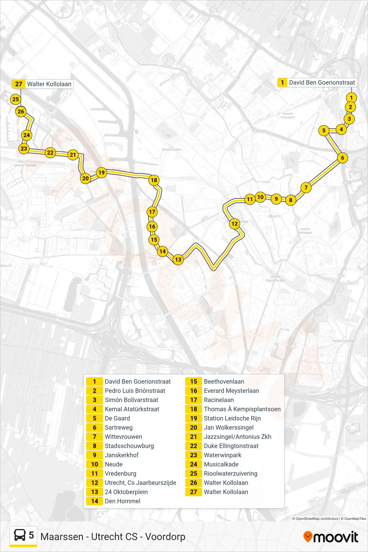 5 bus Line (Terwijde) route and stops on a map