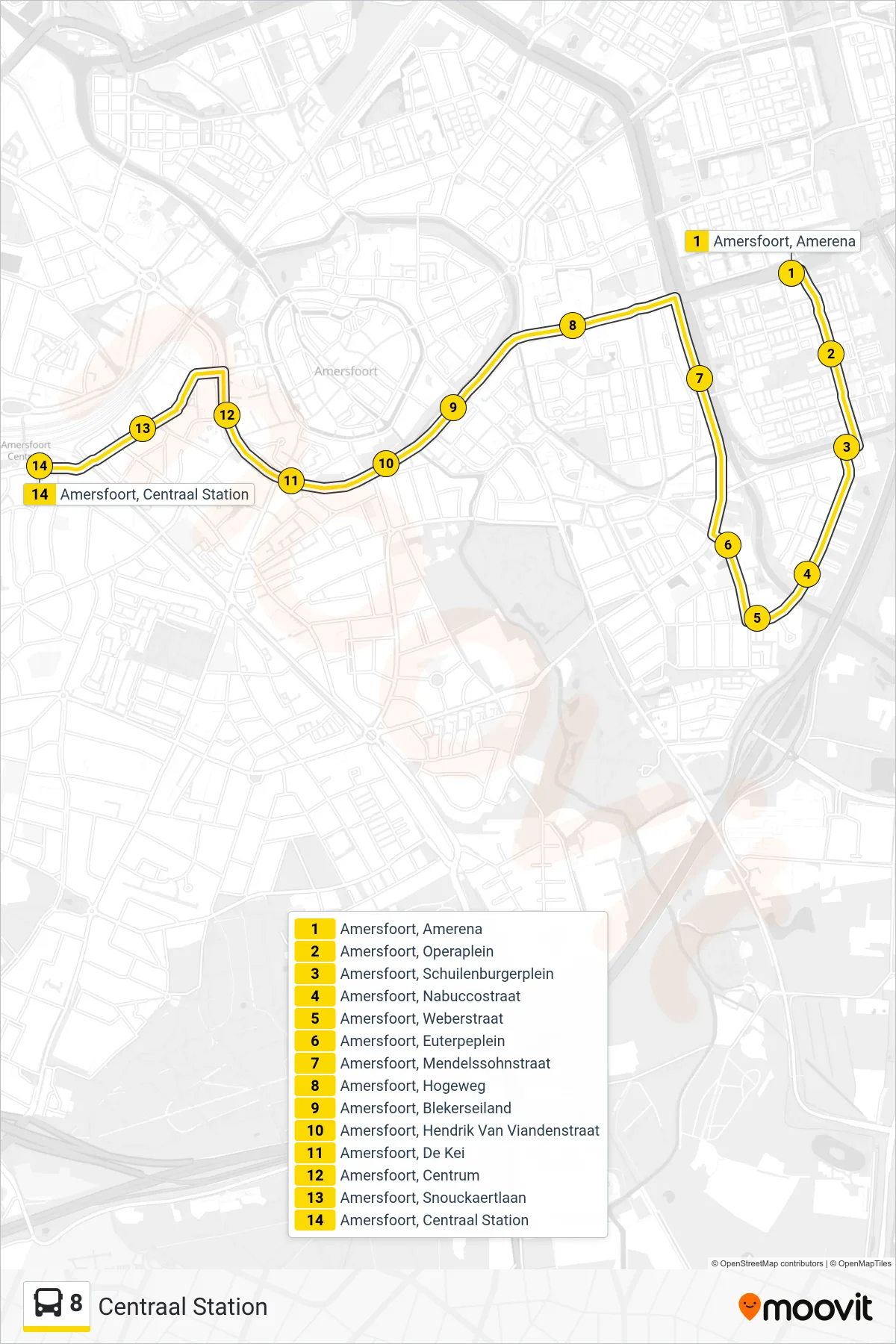 Lijn 8 (bus, Centraal Station): route en haltes op de kaart