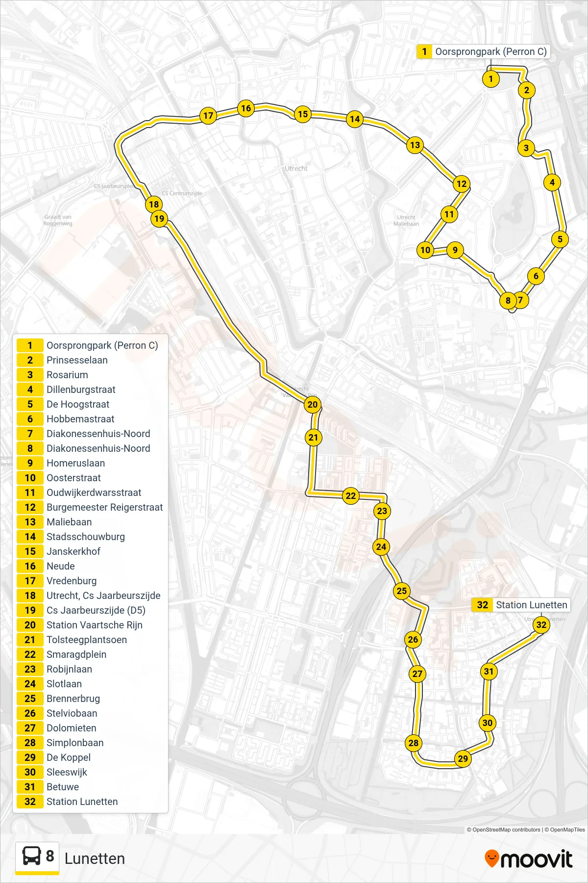 Lijn 8 (bus, Lunetten): route en haltes op de kaart