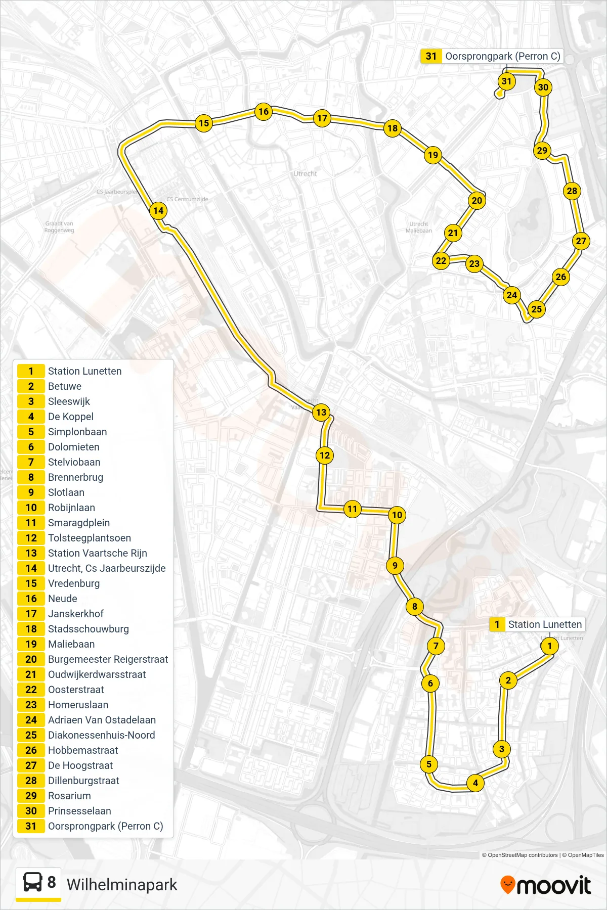 Lijn 8 (bus, Wilhelminapark): route en haltes op de kaart