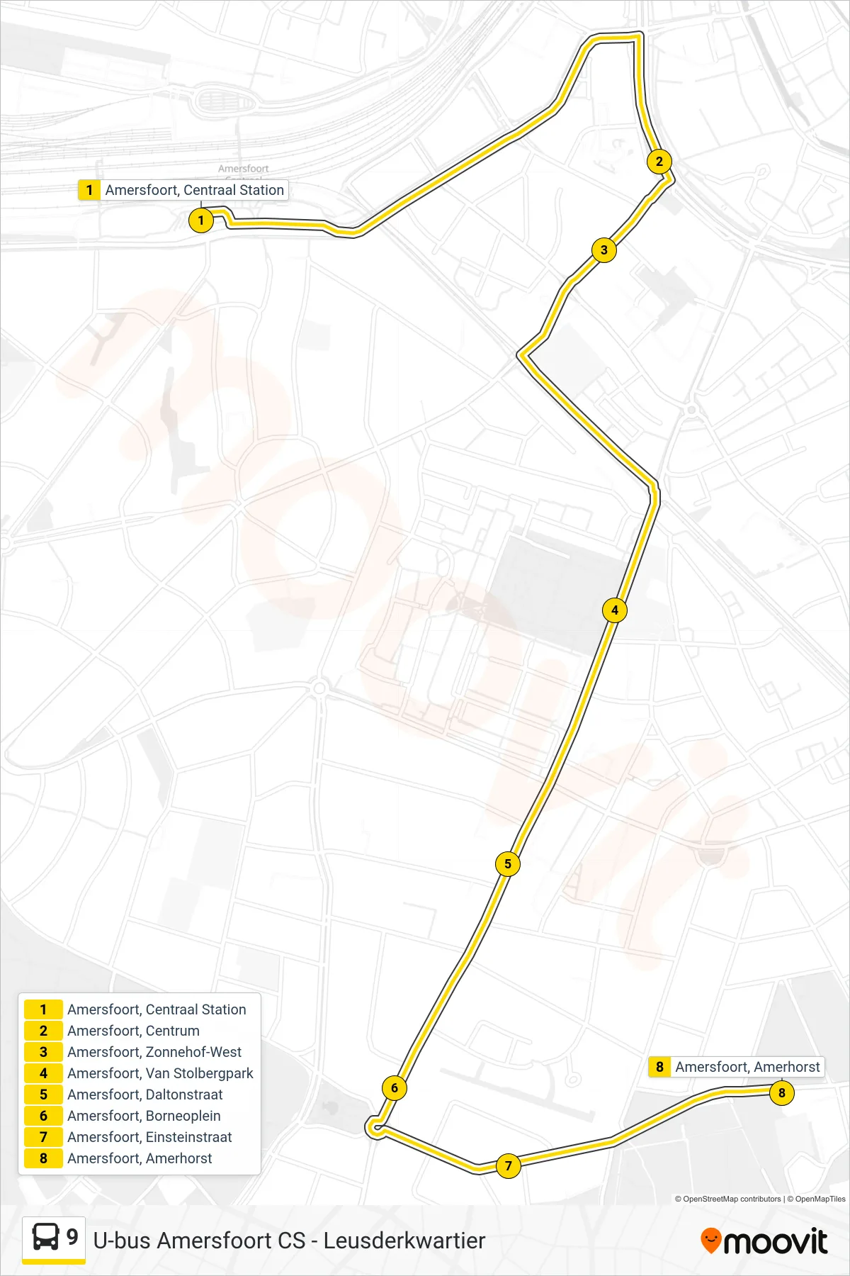 Lijn 9 (bus, Leusderkwartier): route en haltes op de kaart