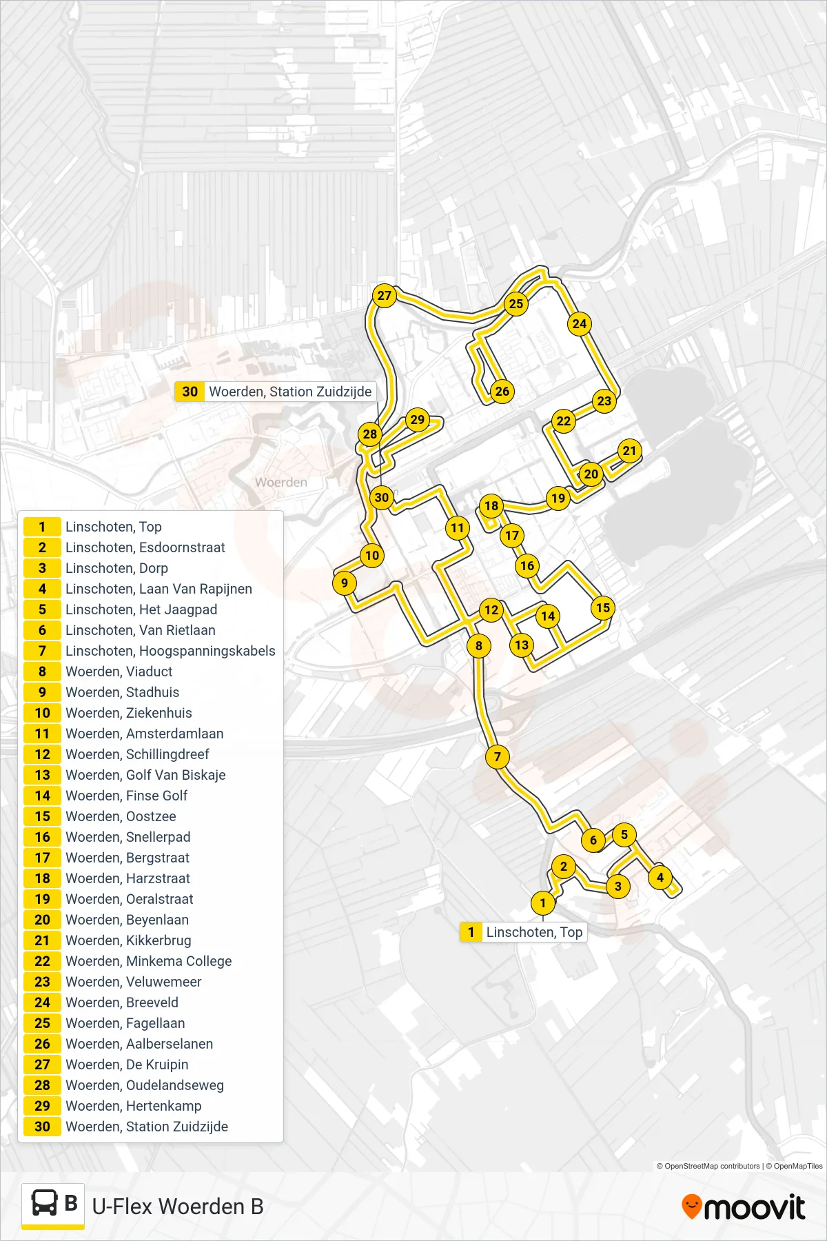 Lijn B (bus, U-Flex): route en haltes op de kaart