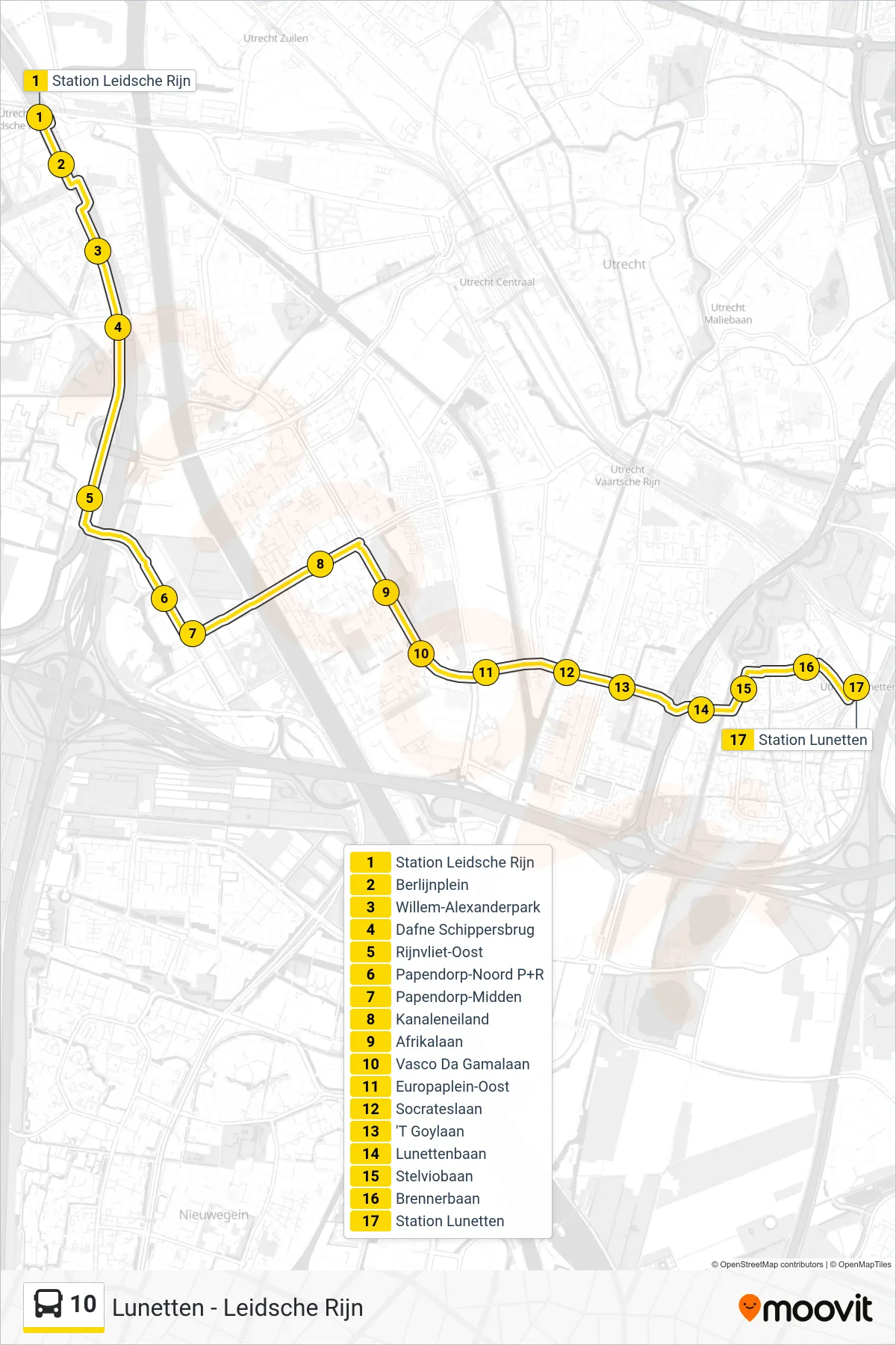 Lijn 10 (bus, Lunetten): route en haltes op de kaart