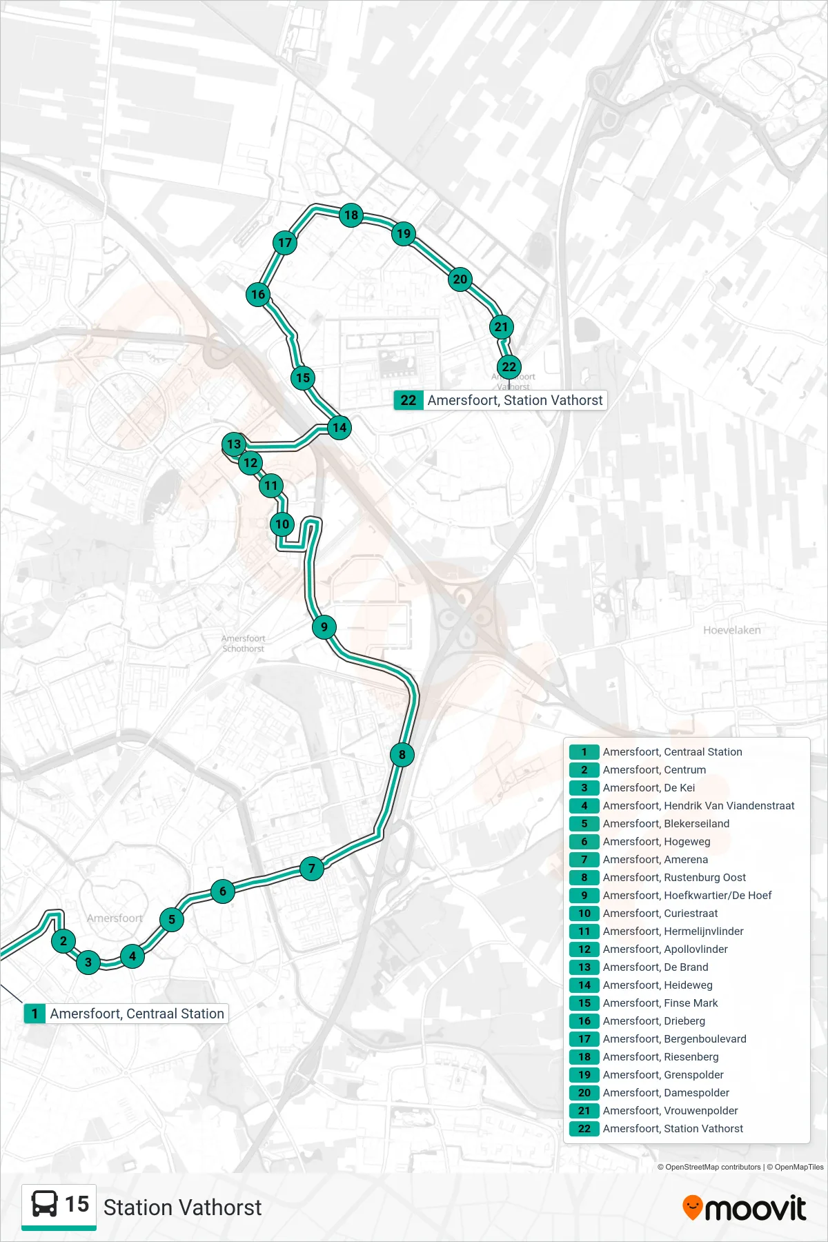 Lijn 15 (bus, Station Vathorst): route en haltes op de kaart