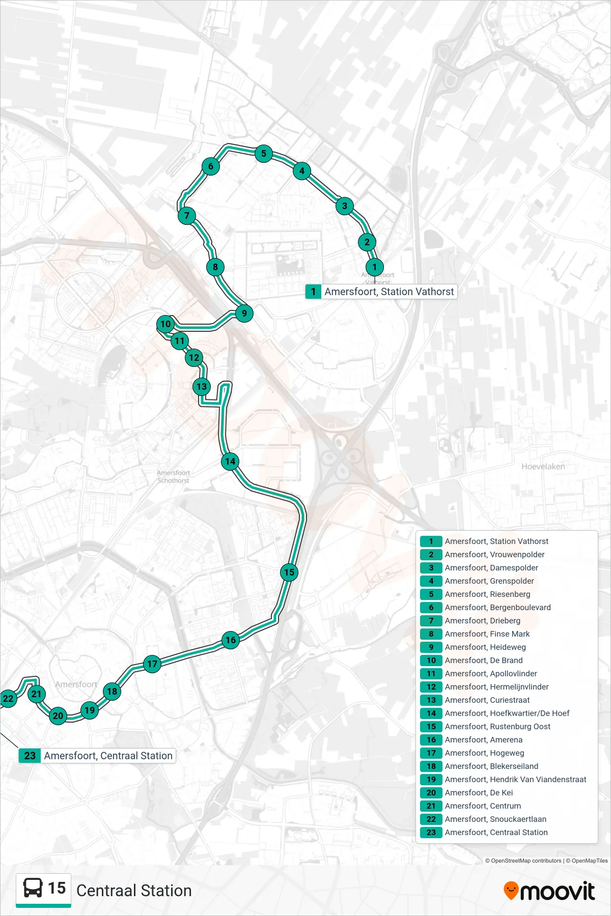 Lijn 15 (bus, Centraal Station): route en haltes op de kaart
