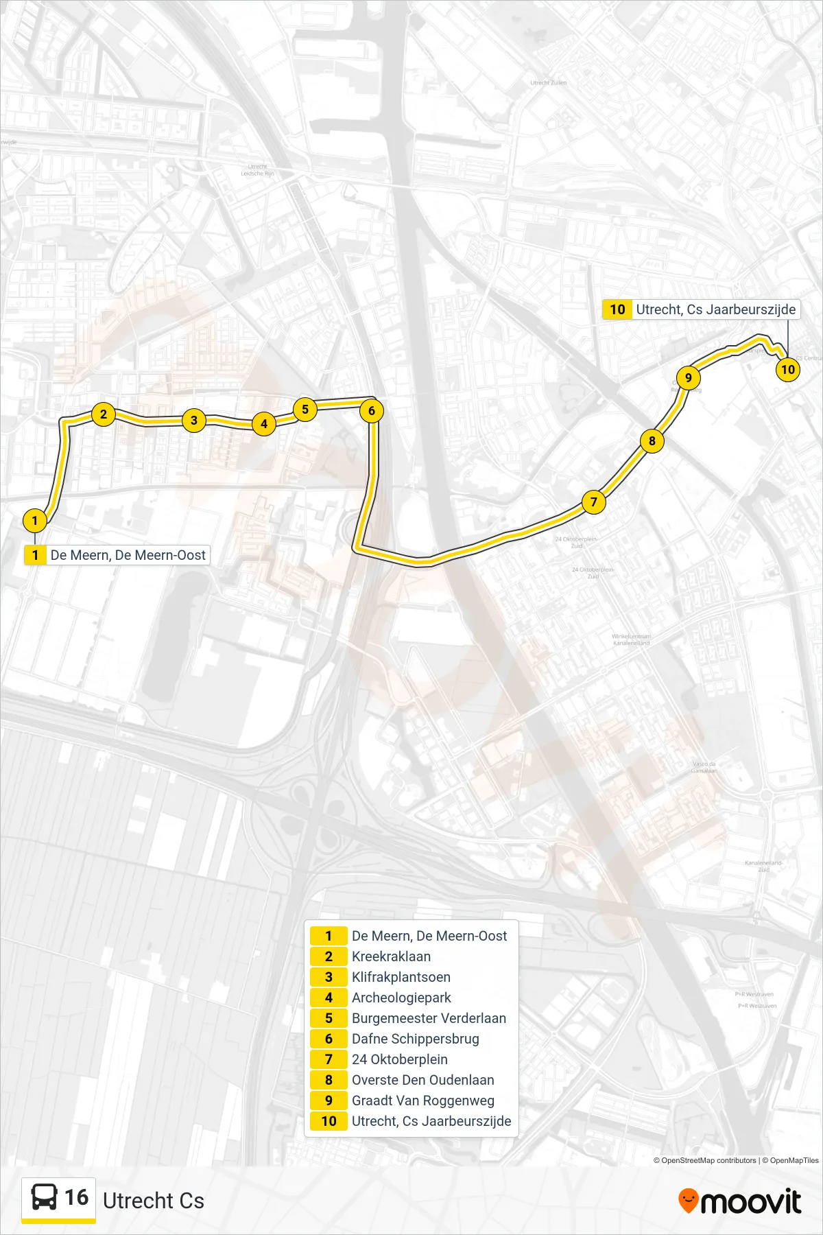 Lijn 16 (bus, Utrecht Cs): route en haltes op de kaart