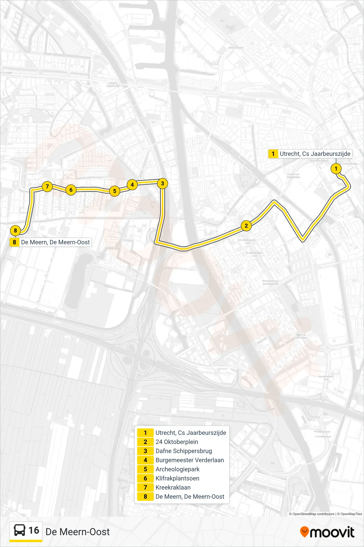 Lijn 16 (bus, De Meern-Oost): route en haltes op de kaart