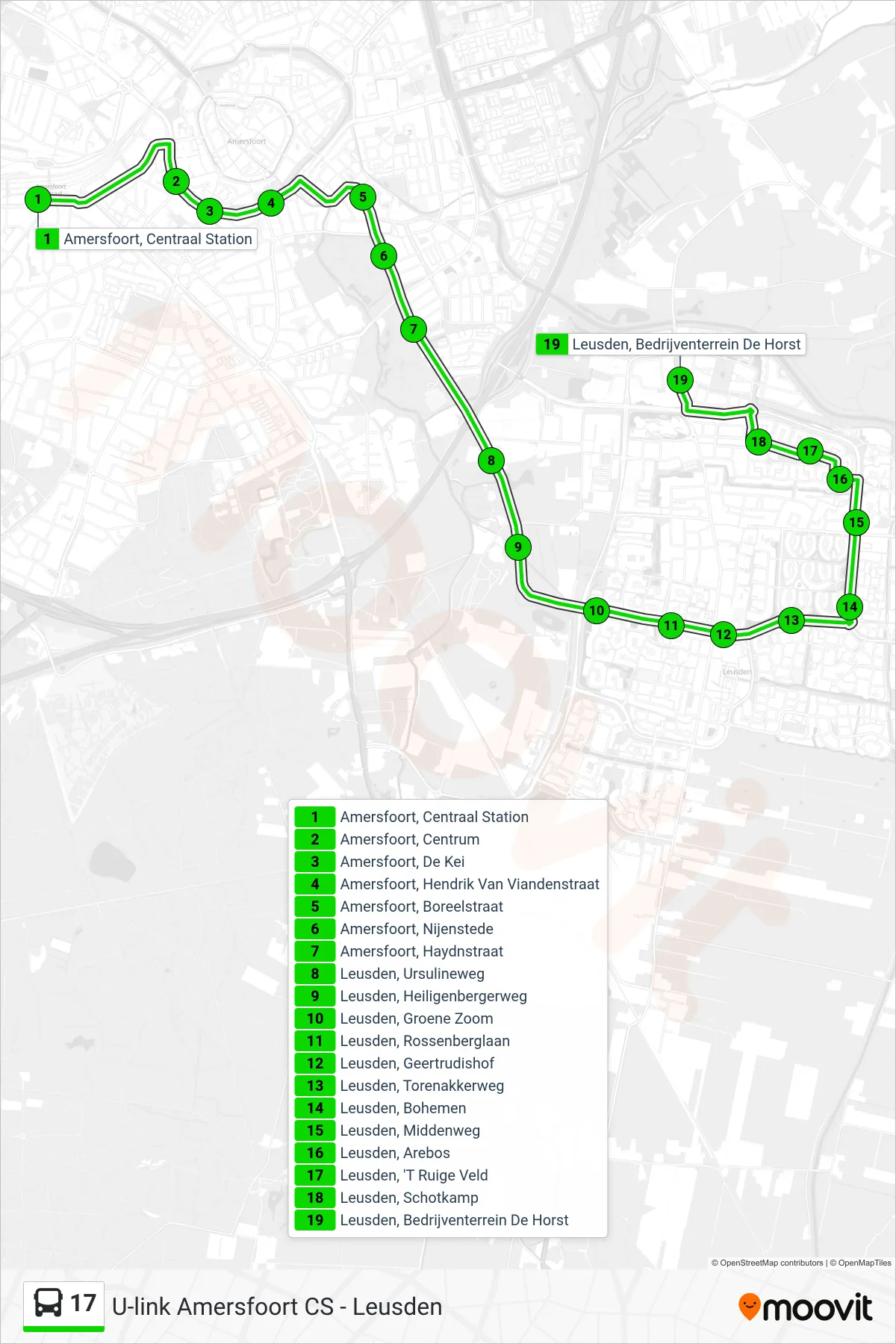 17 bus Line (Leusden) route and stops on a map