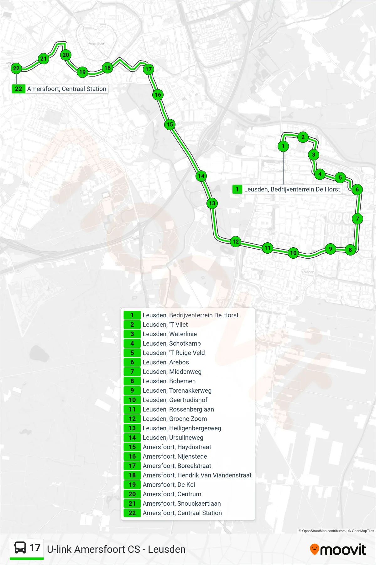 Lijn 17 (bus, Amersfoort Cs): route en haltes op de kaart