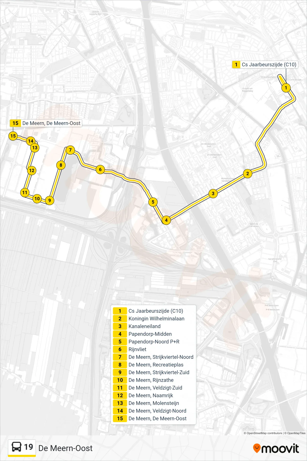 Lijn 19 (bus, De Meern-Oost): route en haltes op de kaart
