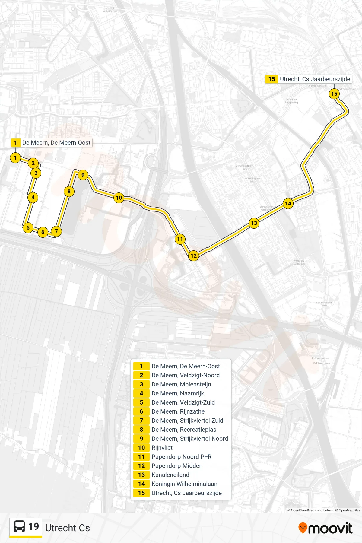 Lijn 19 (bus, Utrecht Cs): route en haltes op de kaart