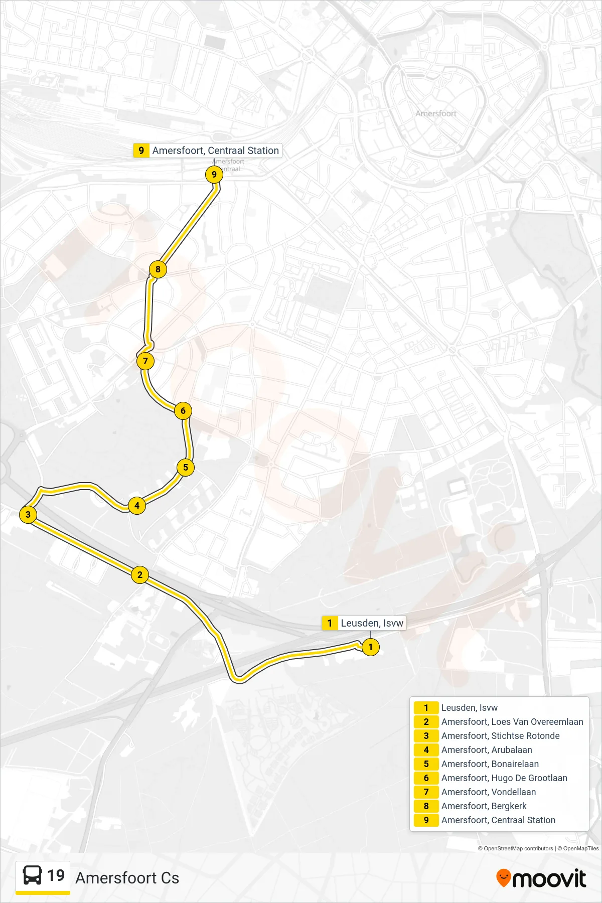 Lijn 19 (bus, Amersfoort Cs): route en haltes op de kaart
