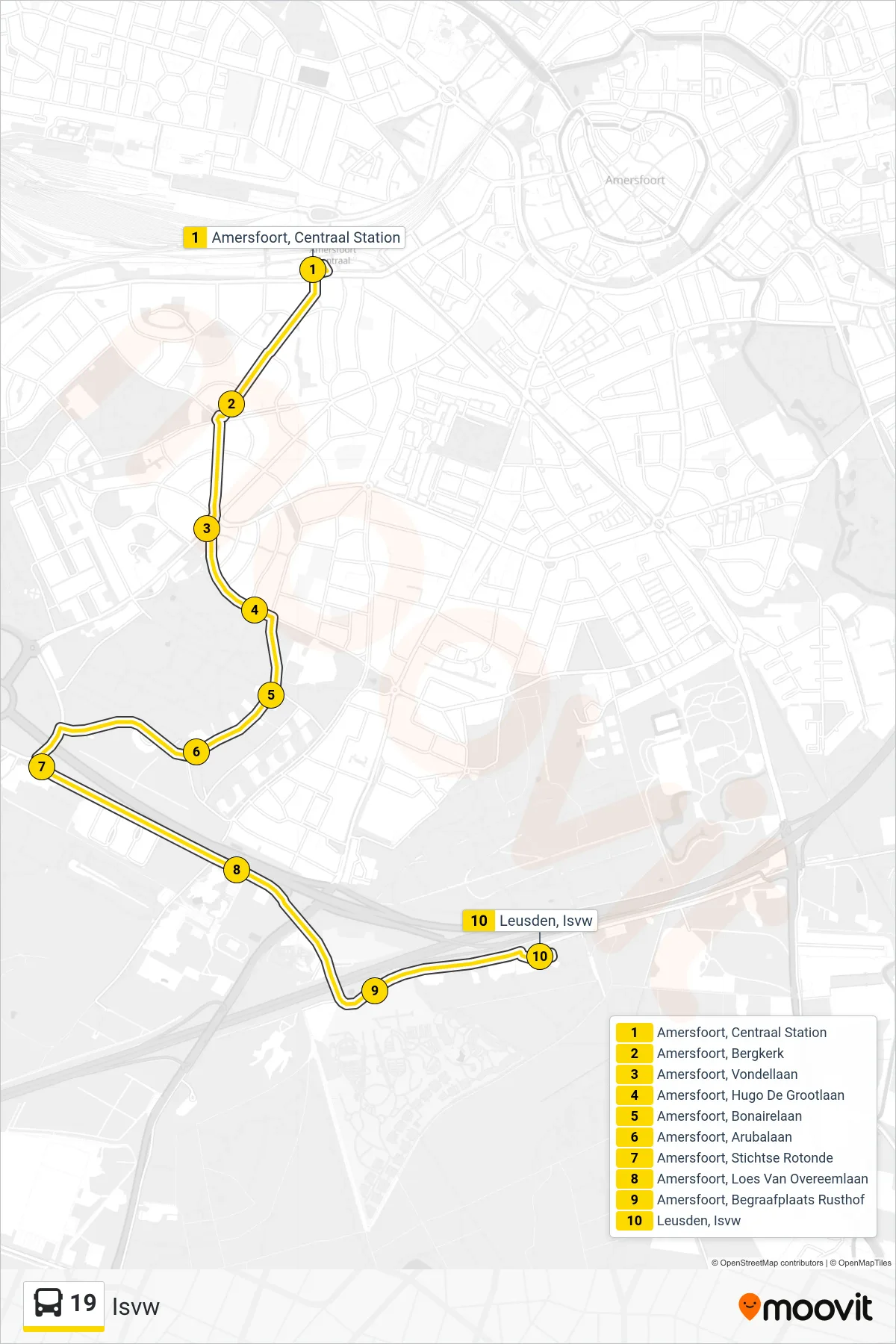 19 bus Line (Isvw) route and stops on a map