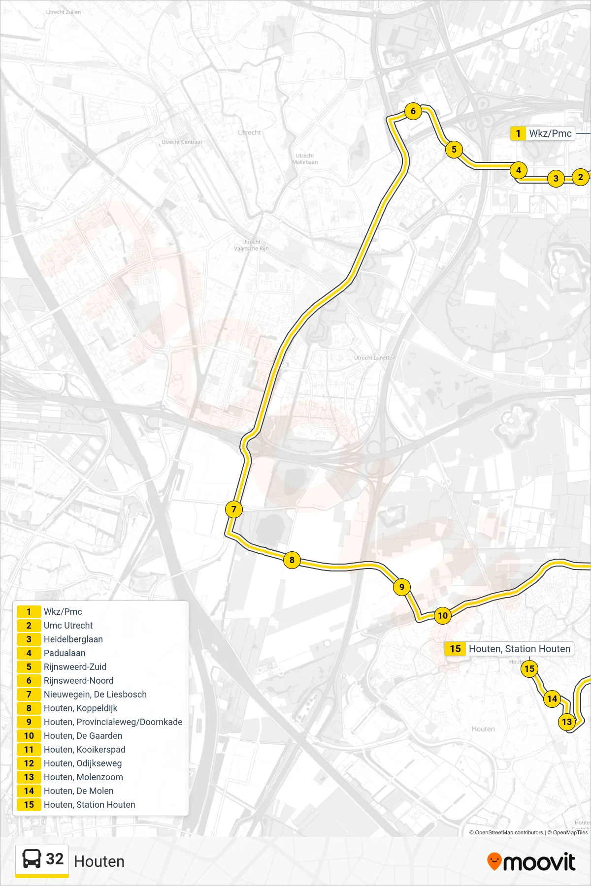 Lijn 32 (bus, Houten): route en haltes op de kaart