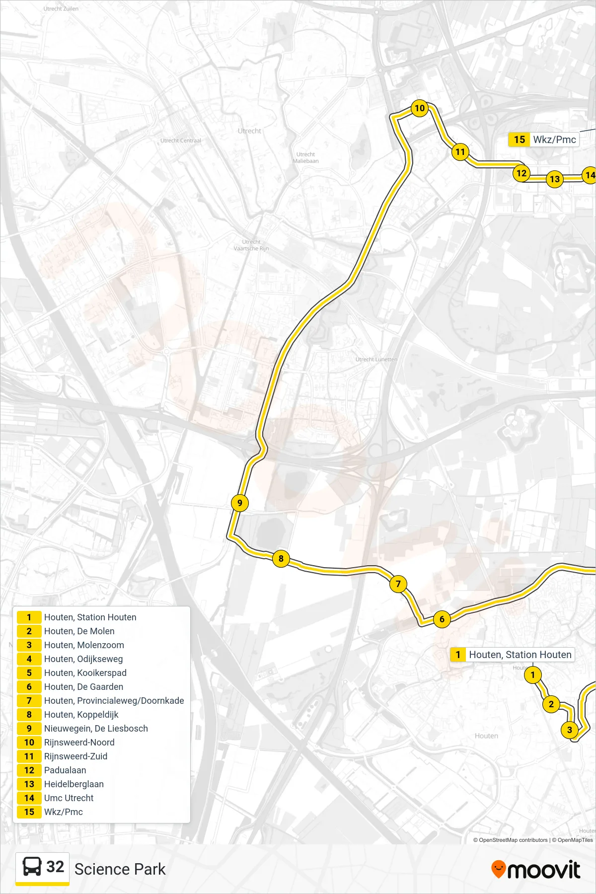 Lijn 32 (bus, Science Park): route en haltes op de kaart