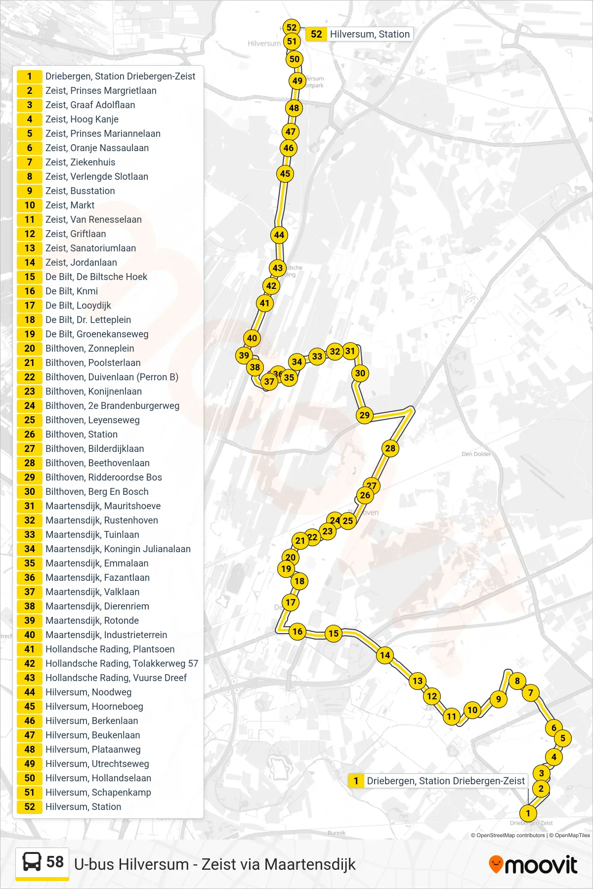 58 bus Line (Hilversum) route and stops on a map