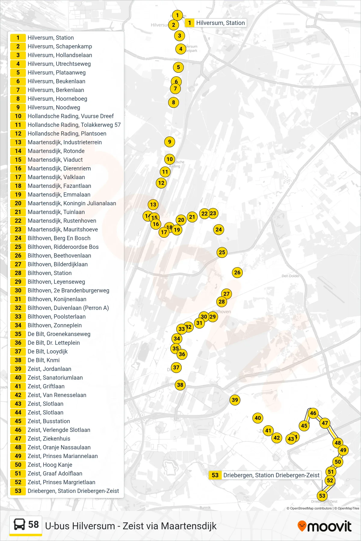 Lijn 58 (bus, Driebergen-Zeist): route en haltes op de kaart