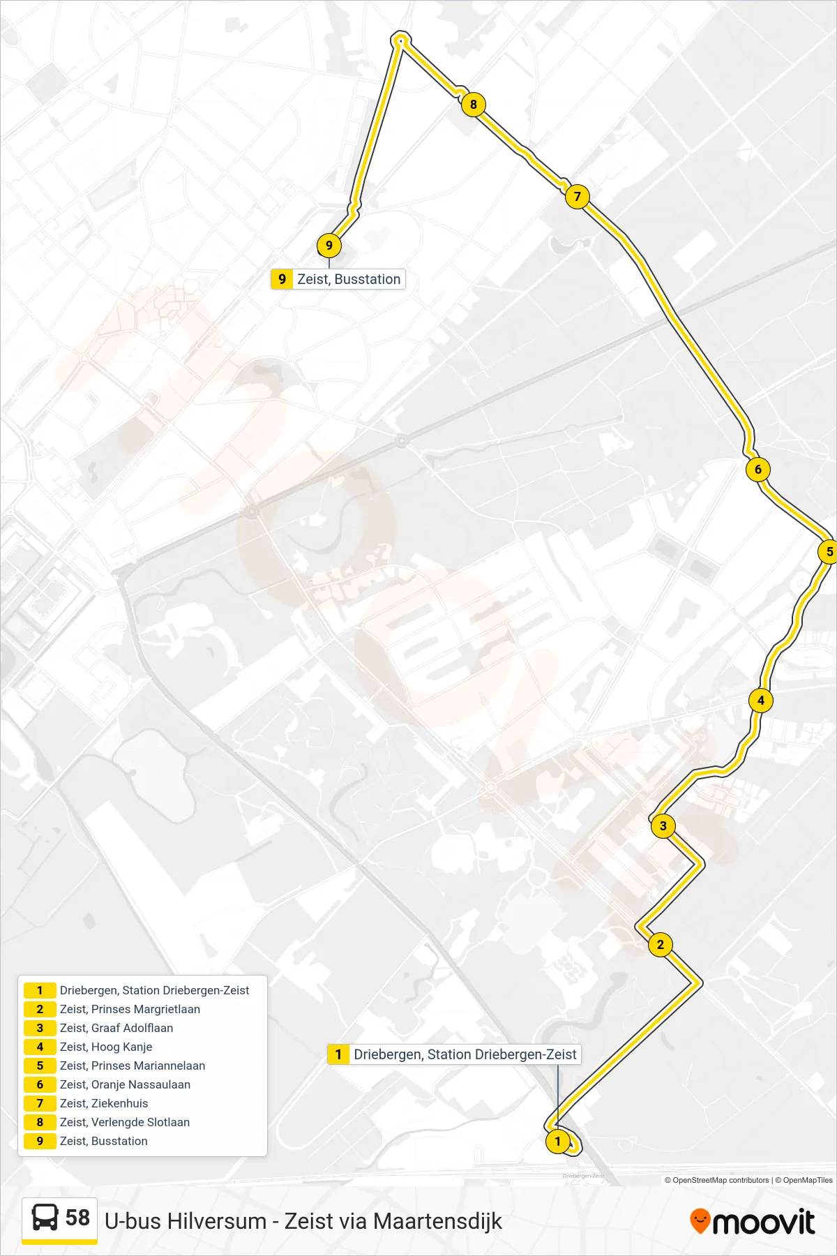 Lijn 58 (bus, Zeist): route en haltes op de kaart