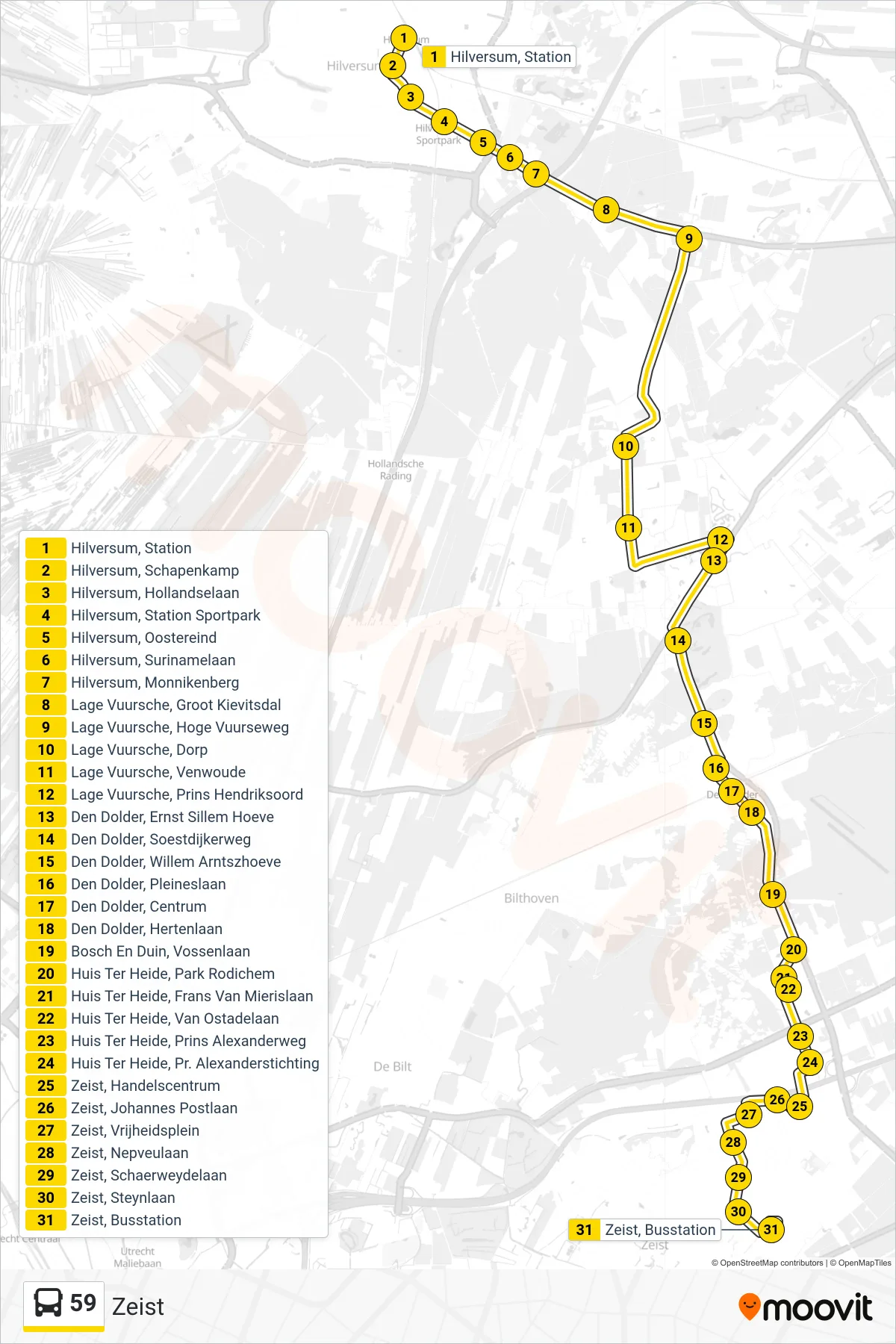 59 bus Line (Zeist) route and stops on a map