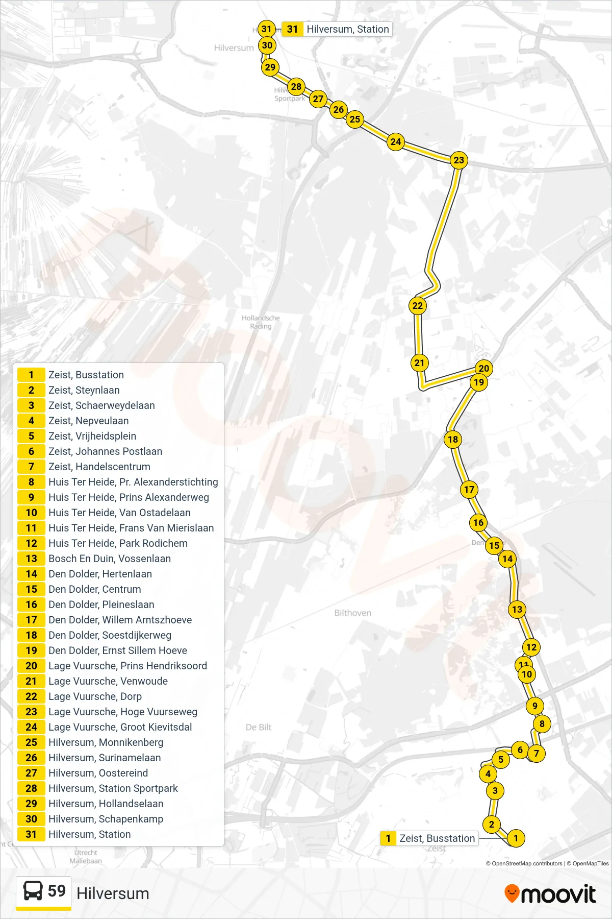 Lijn 59 (bus, Hilversum): route en haltes op de kaart