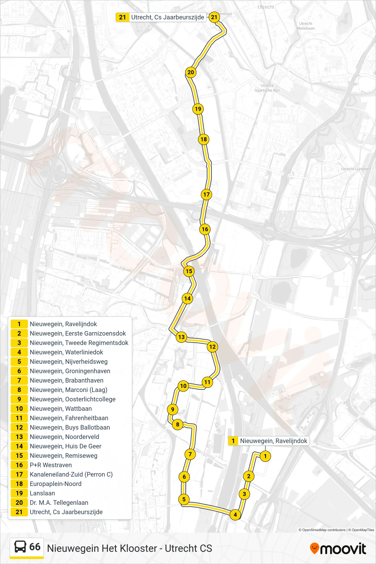 Lijn 66 (bus, Utrecht Cs): route en haltes op de kaart