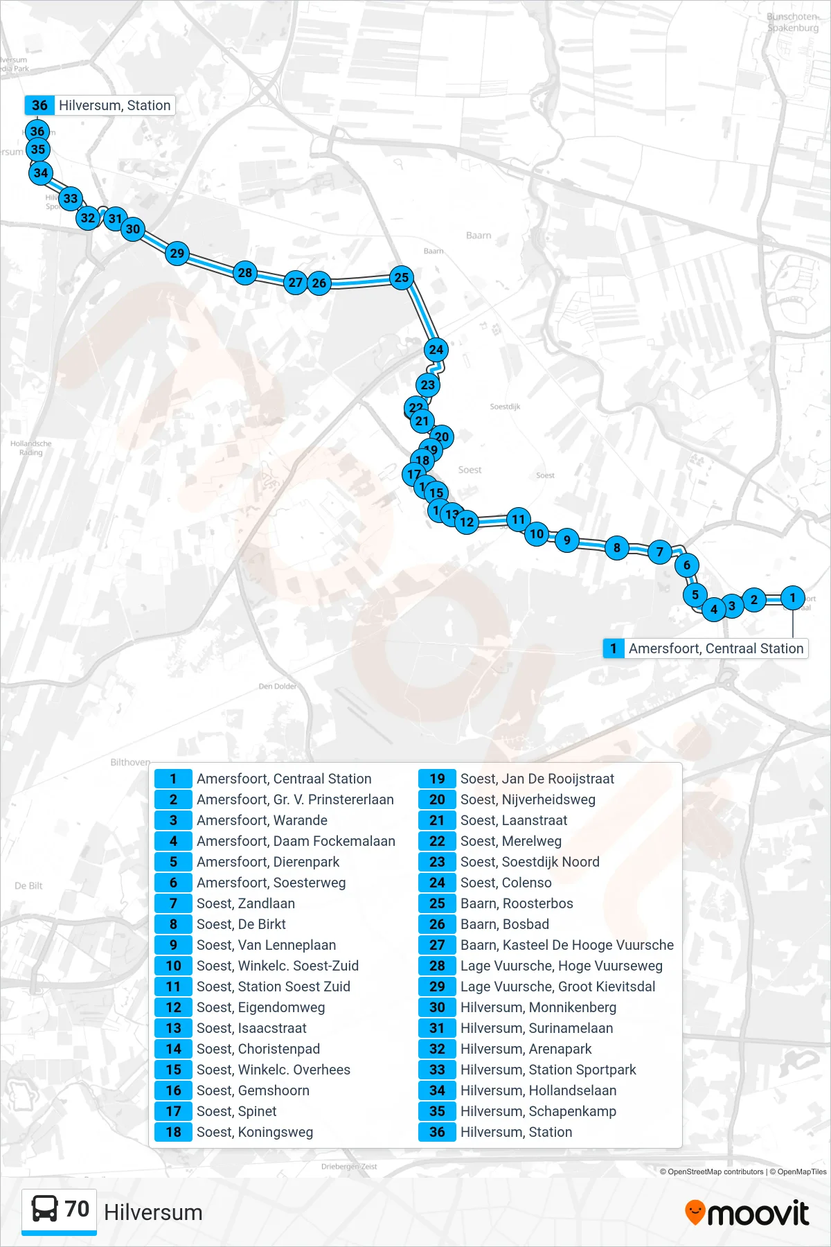 70 bus Line (Hilversum) route and stops on a map