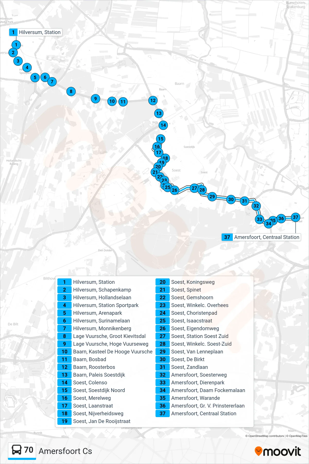 Lijn 70 (bus, Amersfoort Cs): route en haltes op de kaart