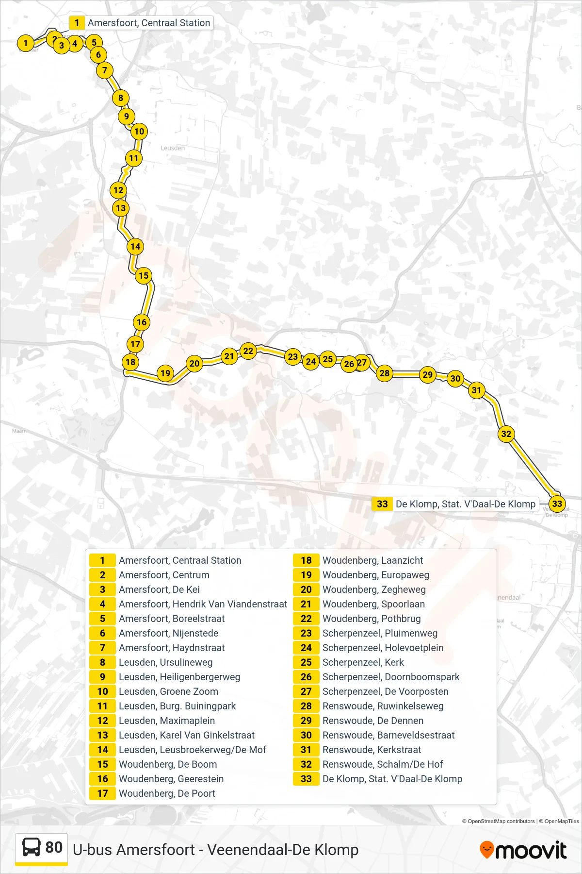 Lijn 80 (bus, De Klomp): route en haltes op de kaart