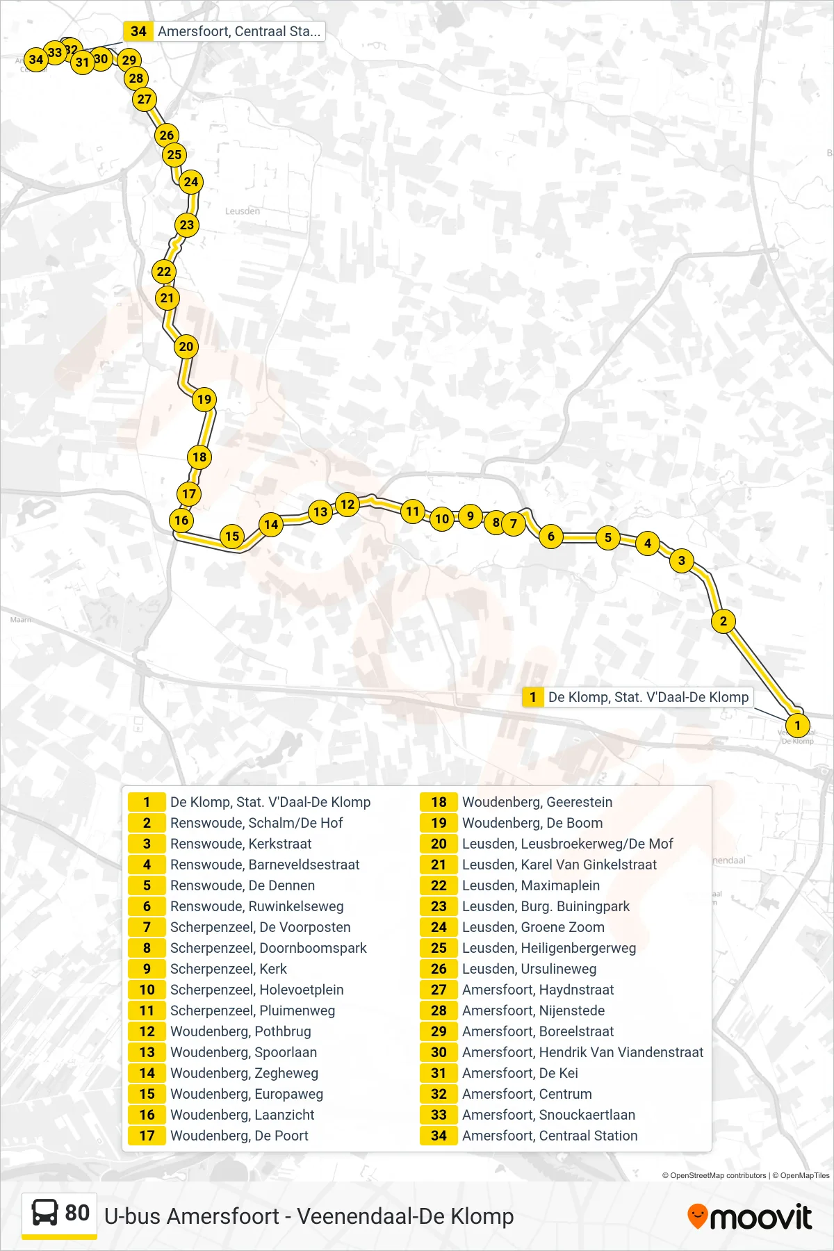 Lijn 80 (bus, Amersfoort Cs): route en haltes op de kaart